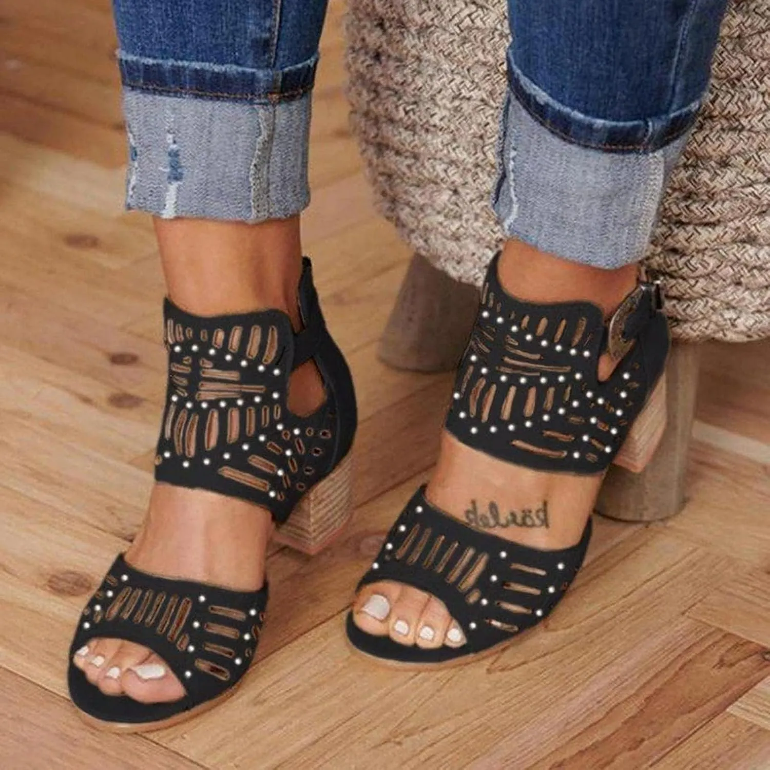 Ankle Strap Heeled Sandals for Women's Summer Platform Chunky Block Heel Sandals Cutout Peep Toe Heel Sandal with Zipper