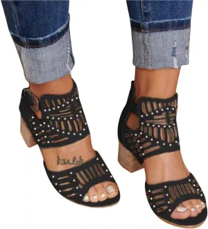 Ankle Strap Heeled Sandals for Women's Summer Platform Chunky Block Heel Sandals Cutout Peep Toe Heel Sandal with Zipper