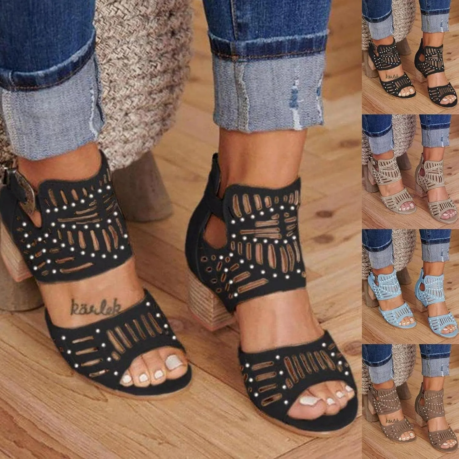 Ankle Strap Heeled Sandals for Women's Summer Platform Chunky Block Heel Sandals Cutout Peep Toe Heel Sandal with Zipper
