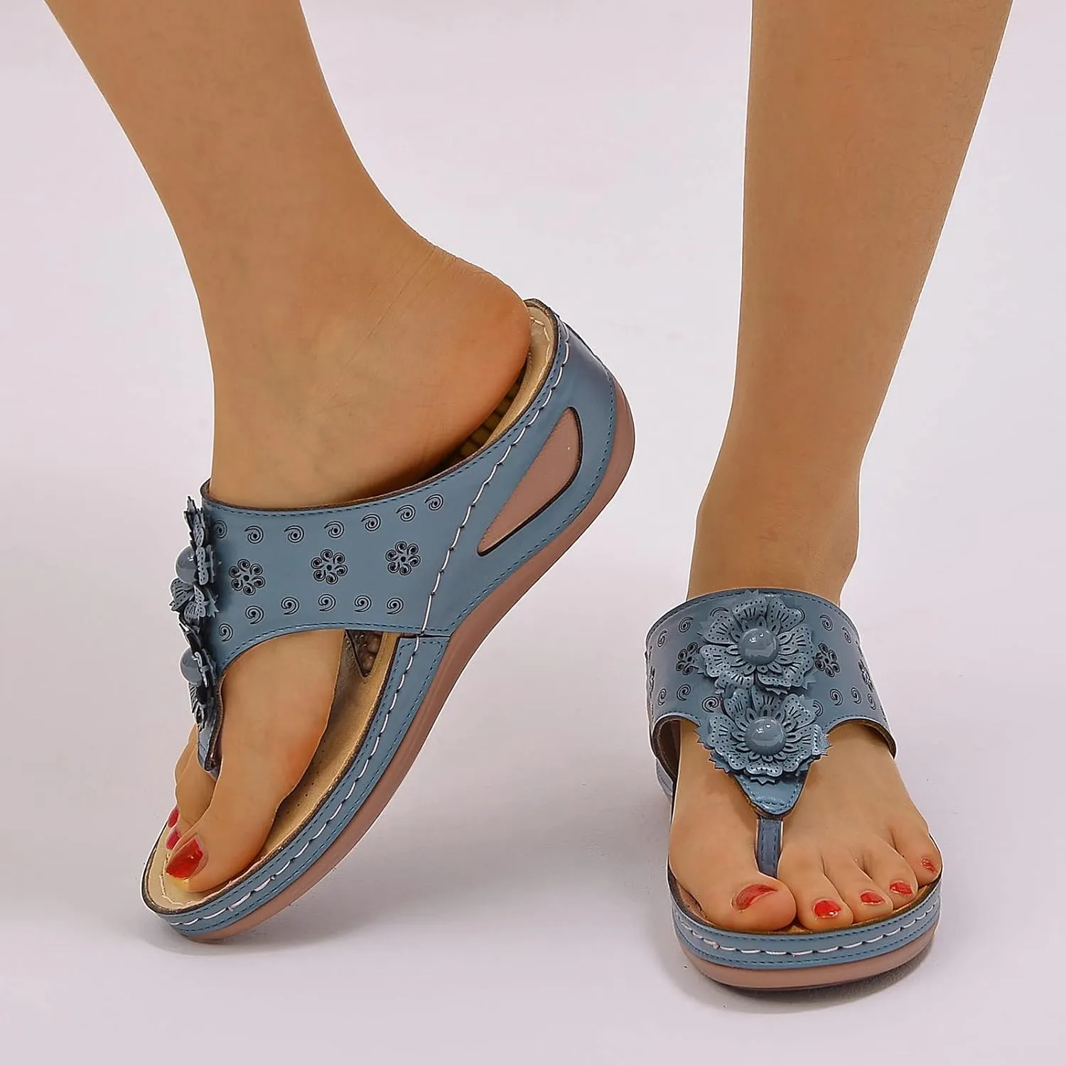 Arch Support Sandals Women's Dressy Flip Flops Beach with Flowers Sandal Comfortable Dressy Wedge Arch Support Wedge Shoes for Women Comfortable Platform Shoe Orthopedic Woman