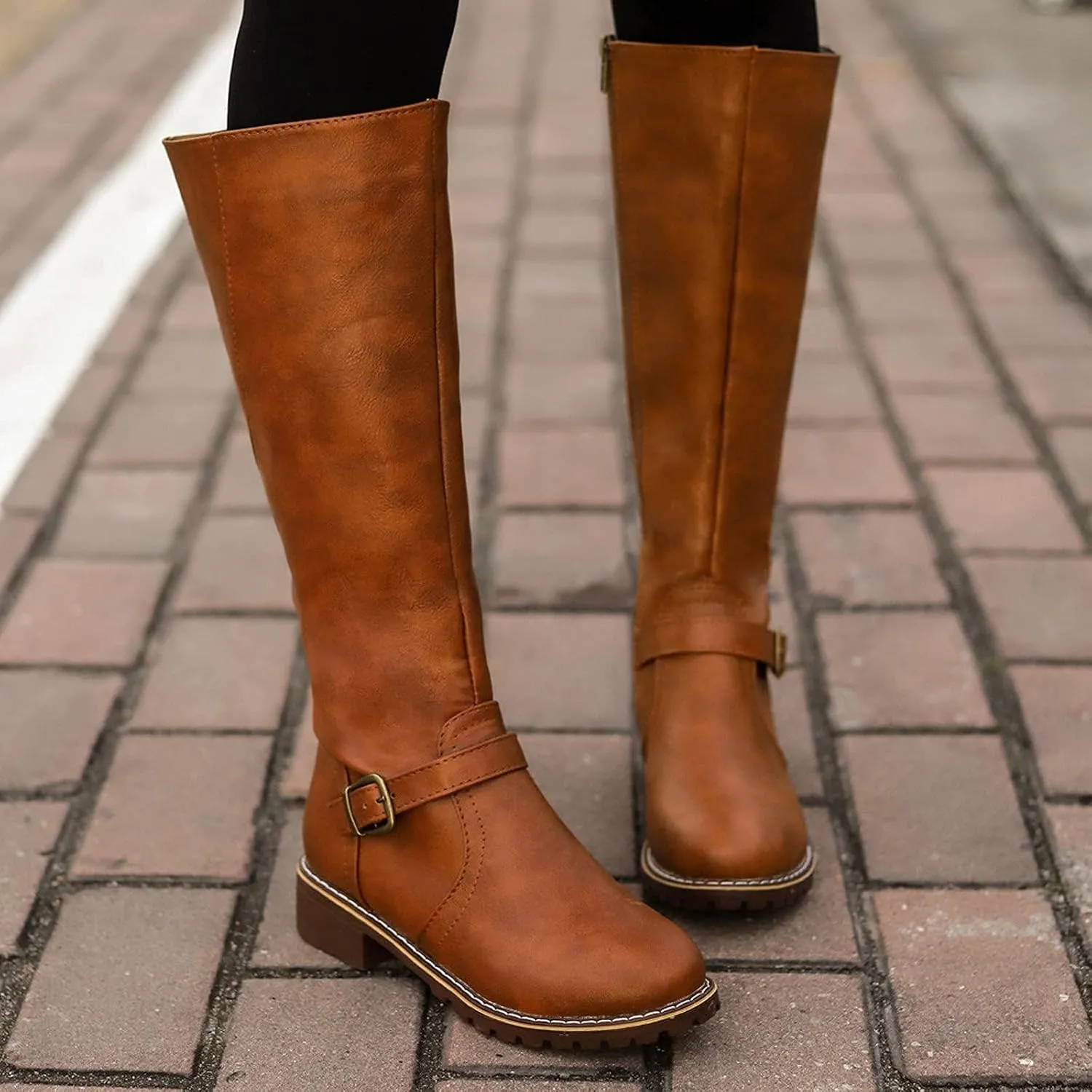 Bcshiye Women's Knee High Riding Boots Wide Calf Knee High Flat Low Heel Zipper Buckle Fashion Motorcycle Boots