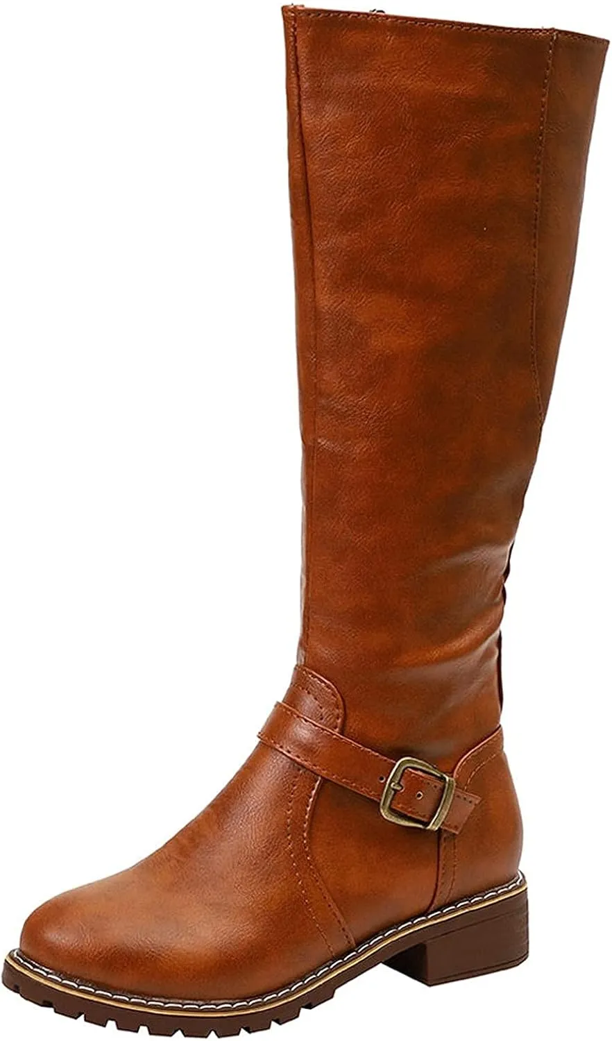 Bcshiye Women's Knee High Riding Boots Wide Calf Knee High Flat Low Heel Zipper Buckle Fashion Motorcycle Boots