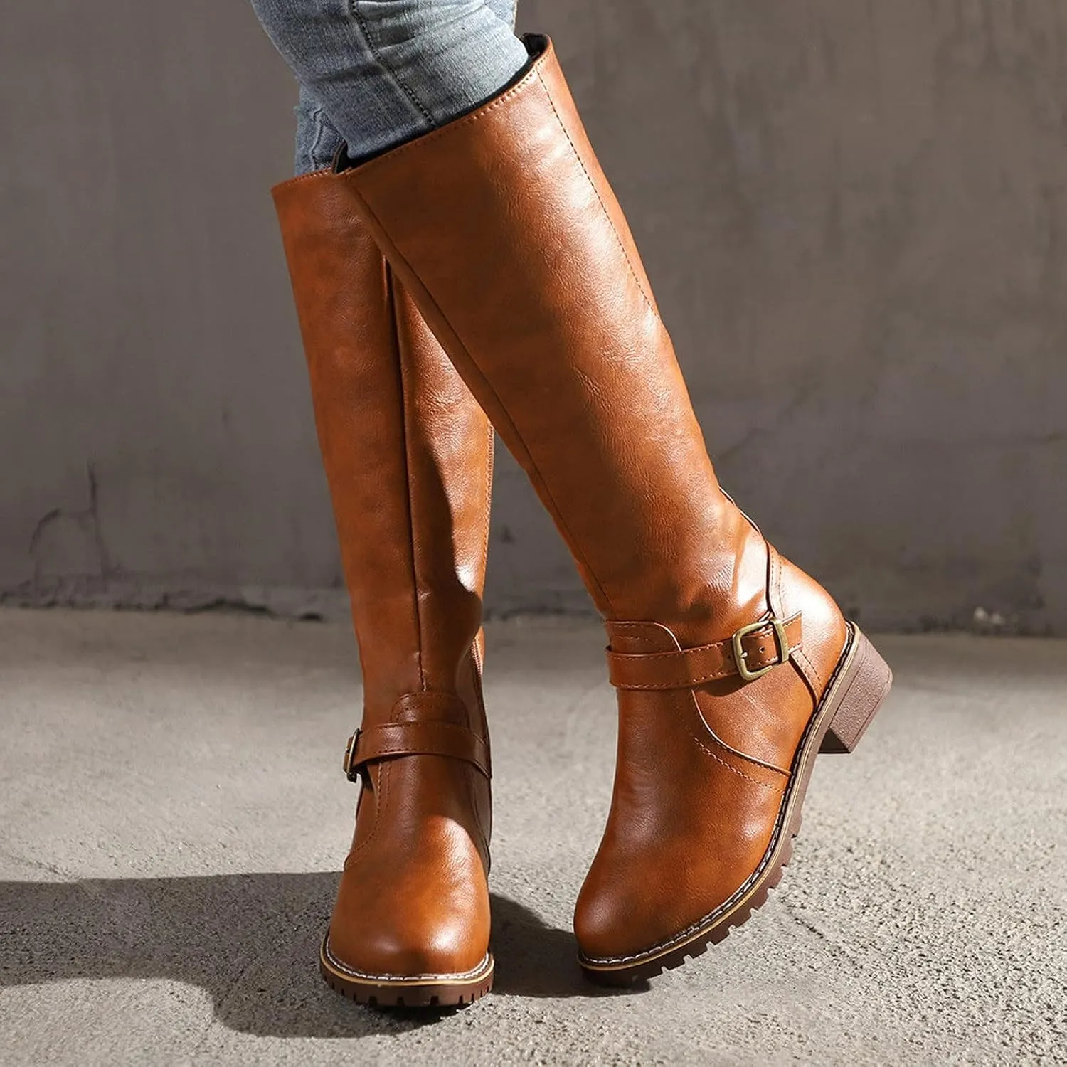 Bcshiye Women's Knee High Riding Boots Wide Calf Knee High Flat Low Heel Zipper Buckle Fashion Motorcycle Boots