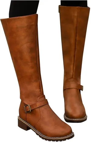 Bcshiye Women's Knee High Riding Boots Wide Calf Knee High Flat Low Heel Zipper Buckle Fashion Motorcycle Boots