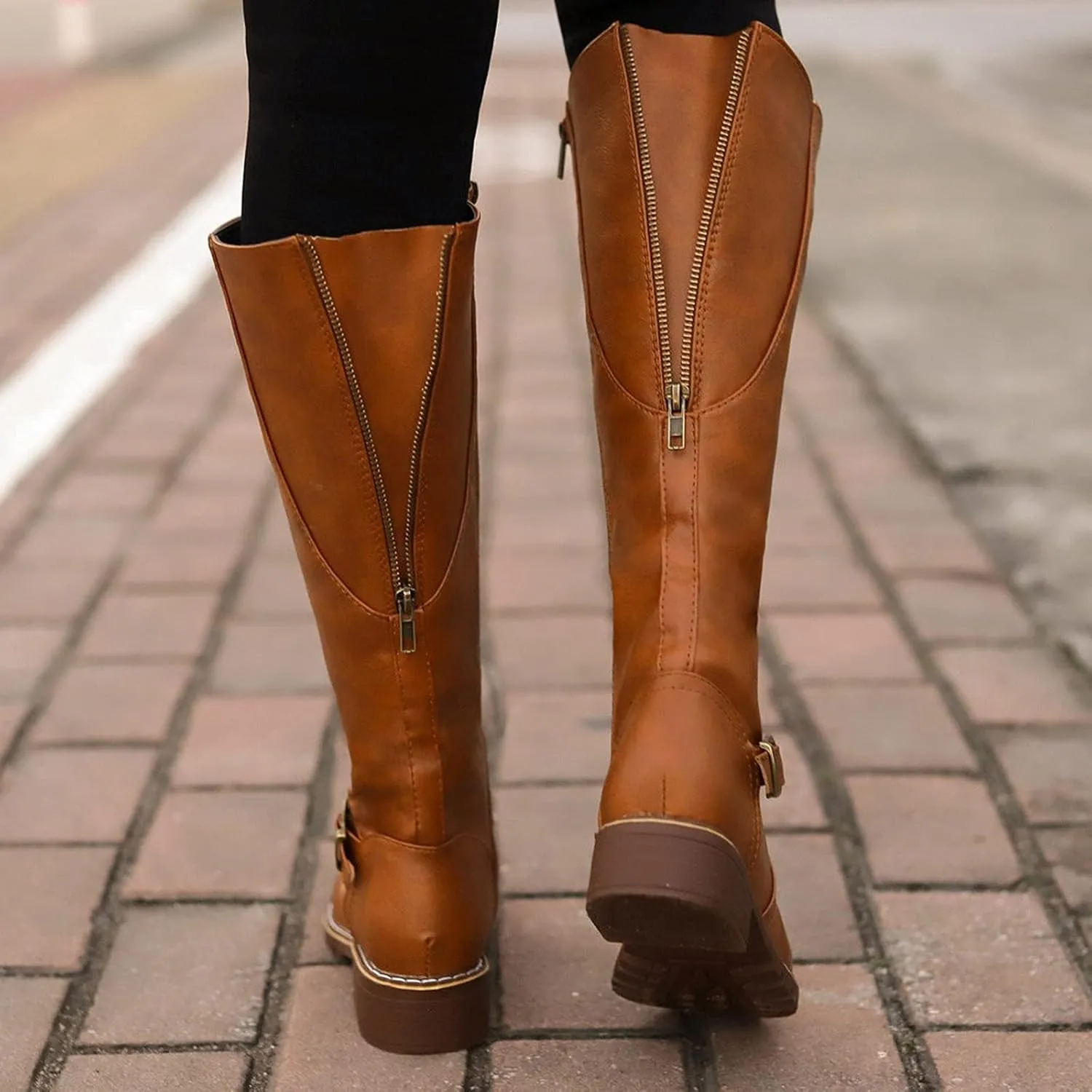 Bcshiye Women's Knee High Riding Boots Wide Calf Knee High Flat Low Heel Zipper Buckle Fashion Motorcycle Boots