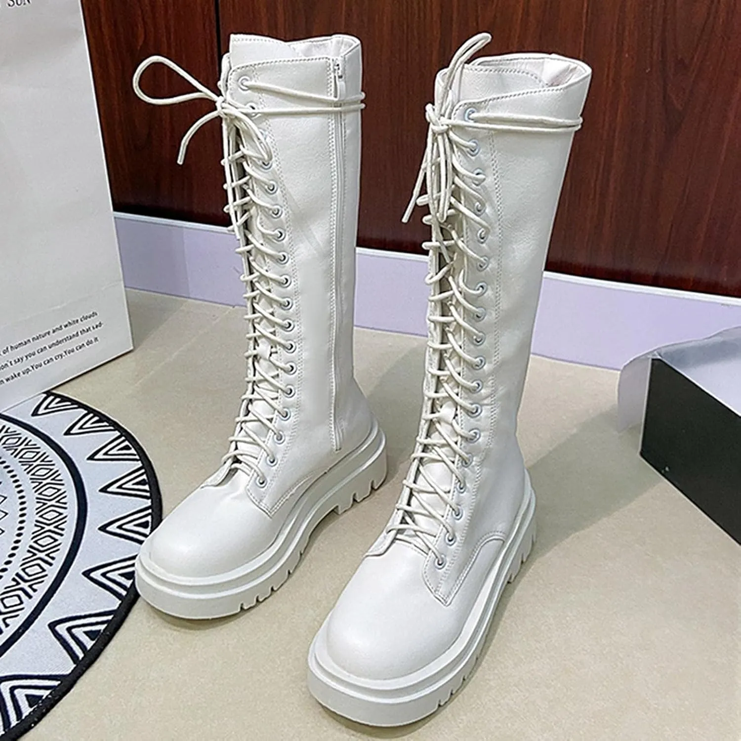 Bcshiye Women's Knee High Riding Combat Boots Winter Lace up Mid Calf Combat Riding Military Boots Leather Winter Booties
