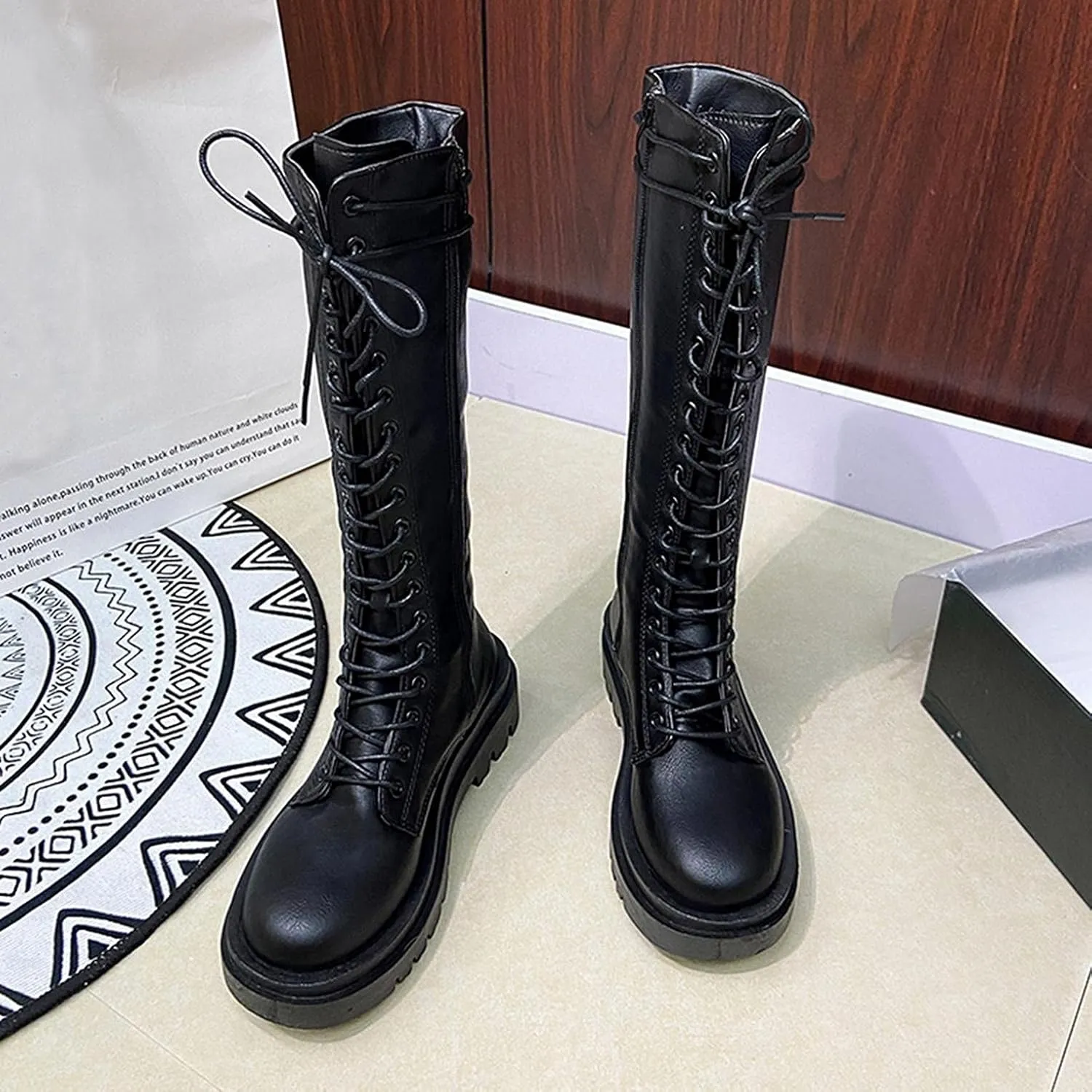 Bcshiye Women's Knee High Riding Combat Boots Winter Lace up Mid Calf Combat Riding Military Boots Leather Winter Booties