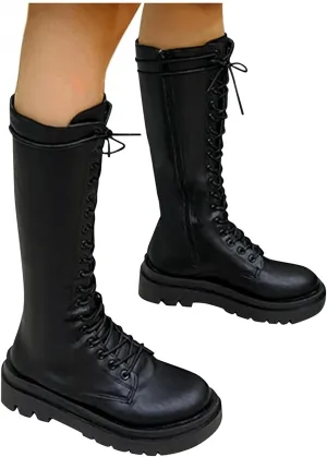 Bcshiye Women's Knee High Riding Combat Boots Winter Lace up Mid Calf Combat Riding Military Boots Leather Winter Booties
