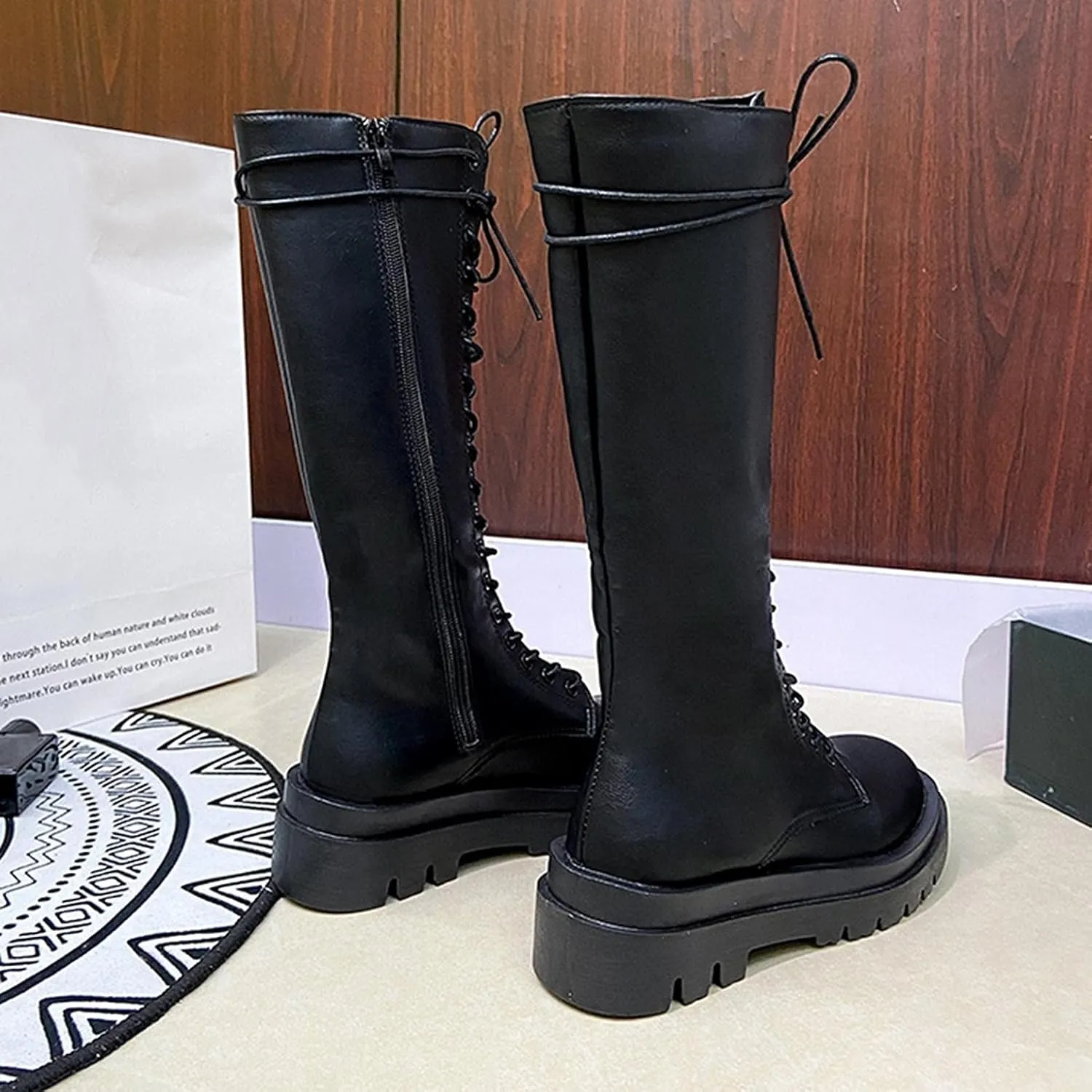 Bcshiye Women's Knee High Riding Combat Boots Winter Lace up Mid Calf Combat Riding Military Boots Leather Winter Booties