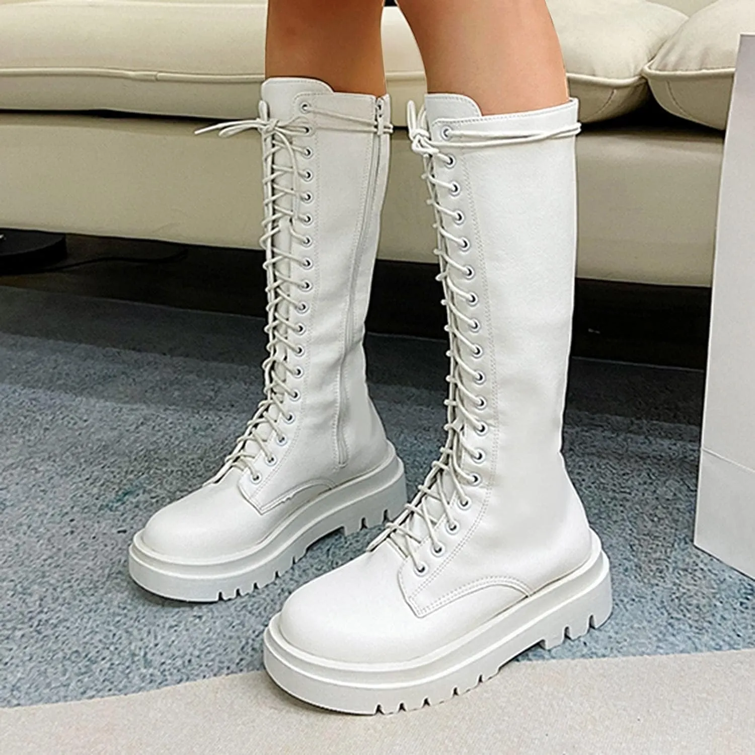 Bcshiye Women's Knee High Riding Combat Boots Winter Lace up Mid Calf Combat Riding Military Boots Leather Winter Booties