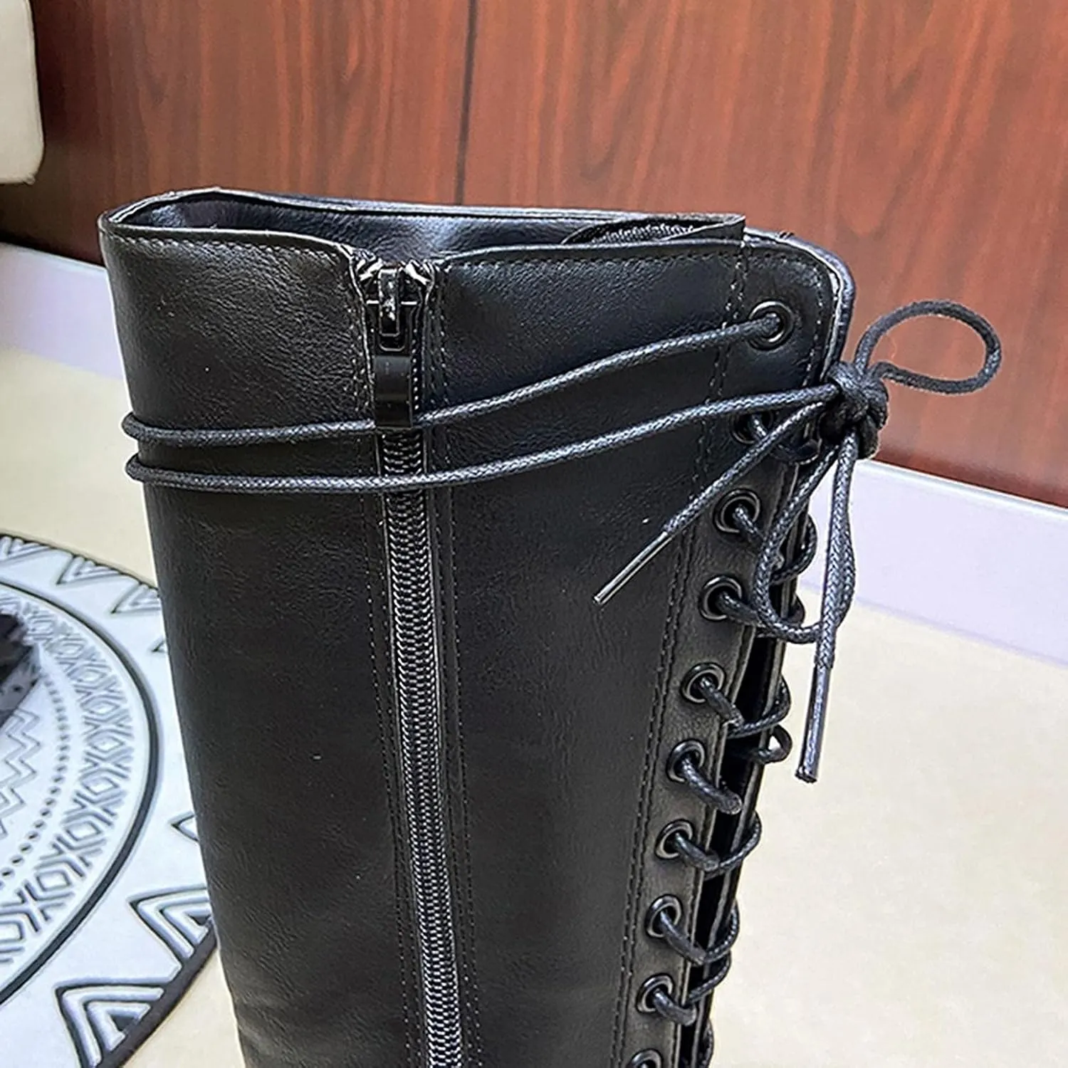 Bcshiye Women's Knee High Riding Combat Boots Winter Lace up Mid Calf Combat Riding Military Boots Leather Winter Booties