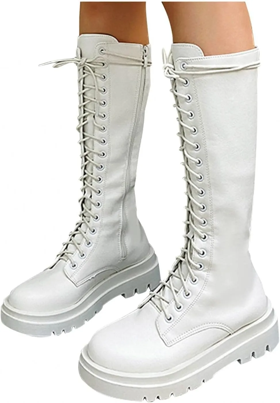Bcshiye Women's Knee High Riding Combat Boots Winter Lace up Mid Calf Combat Riding Military Boots Leather Winter Booties