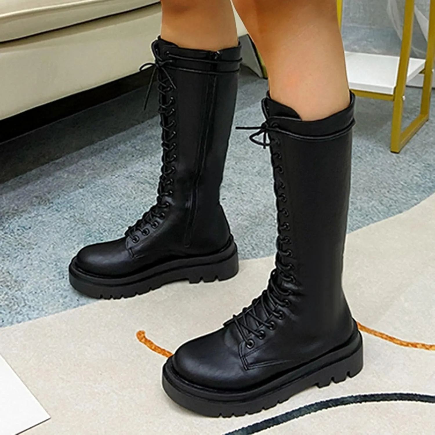 Bcshiye Women's Knee High Riding Combat Boots Winter Lace up Mid Calf Combat Riding Military Boots Leather Winter Booties