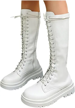 Bcshiye Women's Knee High Riding Combat Boots Winter Lace up Mid Calf Combat Riding Military Boots Leather Winter Booties