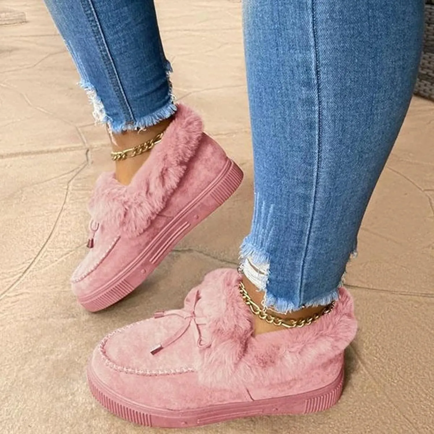 Bcshiye Women's Loafer Booties Faux Fur Collar Plush Bow Slip On Winter Outdoor Flatform Comfort Slip On Ankle Booties