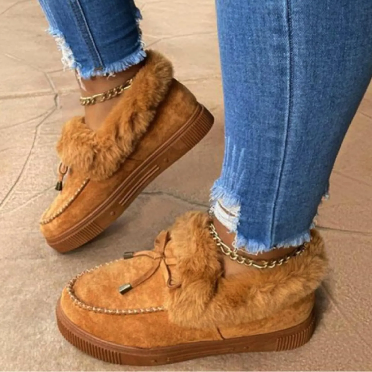 Bcshiye Women's Loafer Booties Faux Fur Collar Plush Bow Slip On Winter Outdoor Flatform Comfort Slip On Ankle Booties