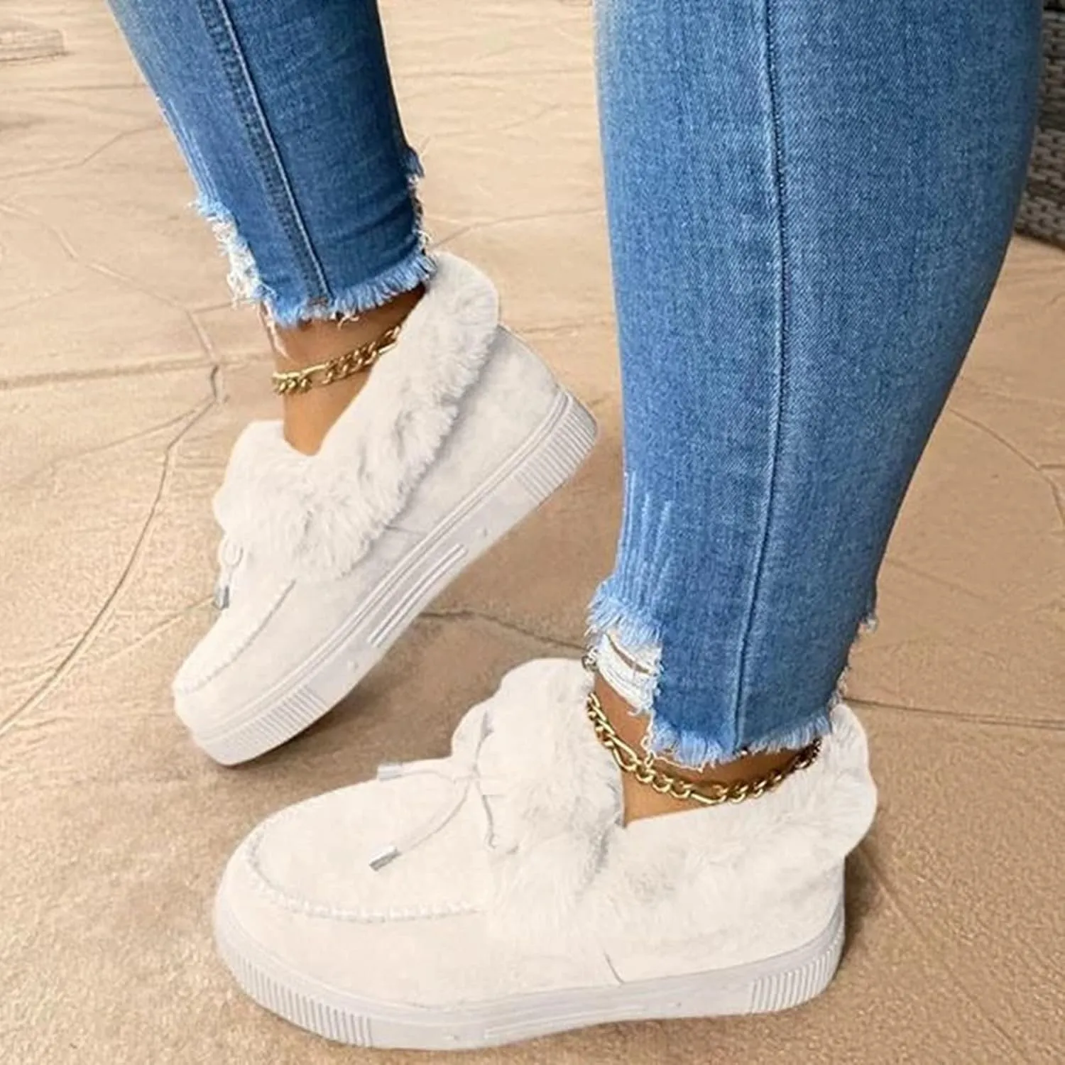 Bcshiye Women's Loafer Booties Faux Fur Collar Plush Bow Slip On Winter Outdoor Flatform Comfort Slip On Ankle Booties