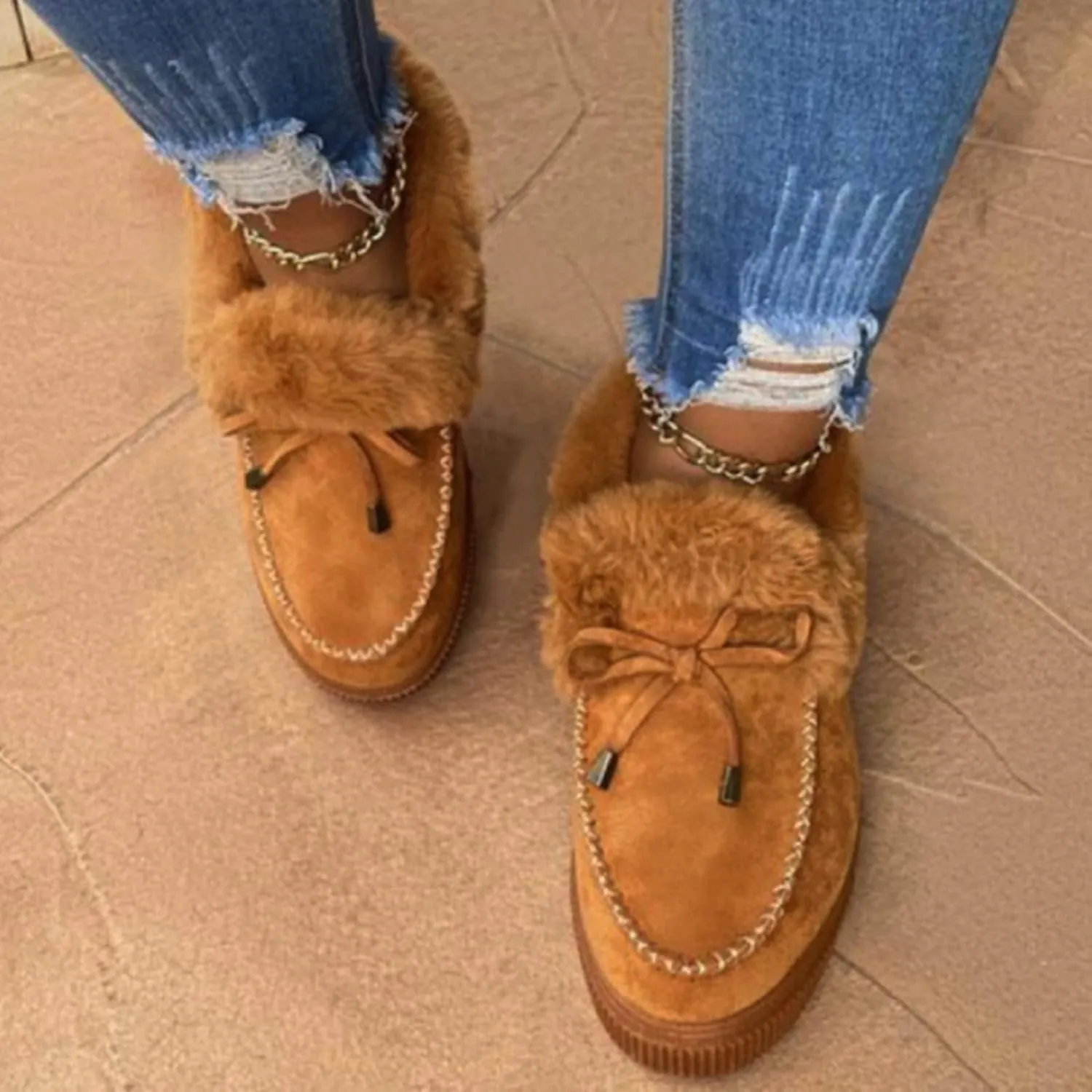 Bcshiye Women's Loafer Booties Faux Fur Collar Plush Bow Slip On Winter Outdoor Flatform Comfort Slip On Ankle Booties
