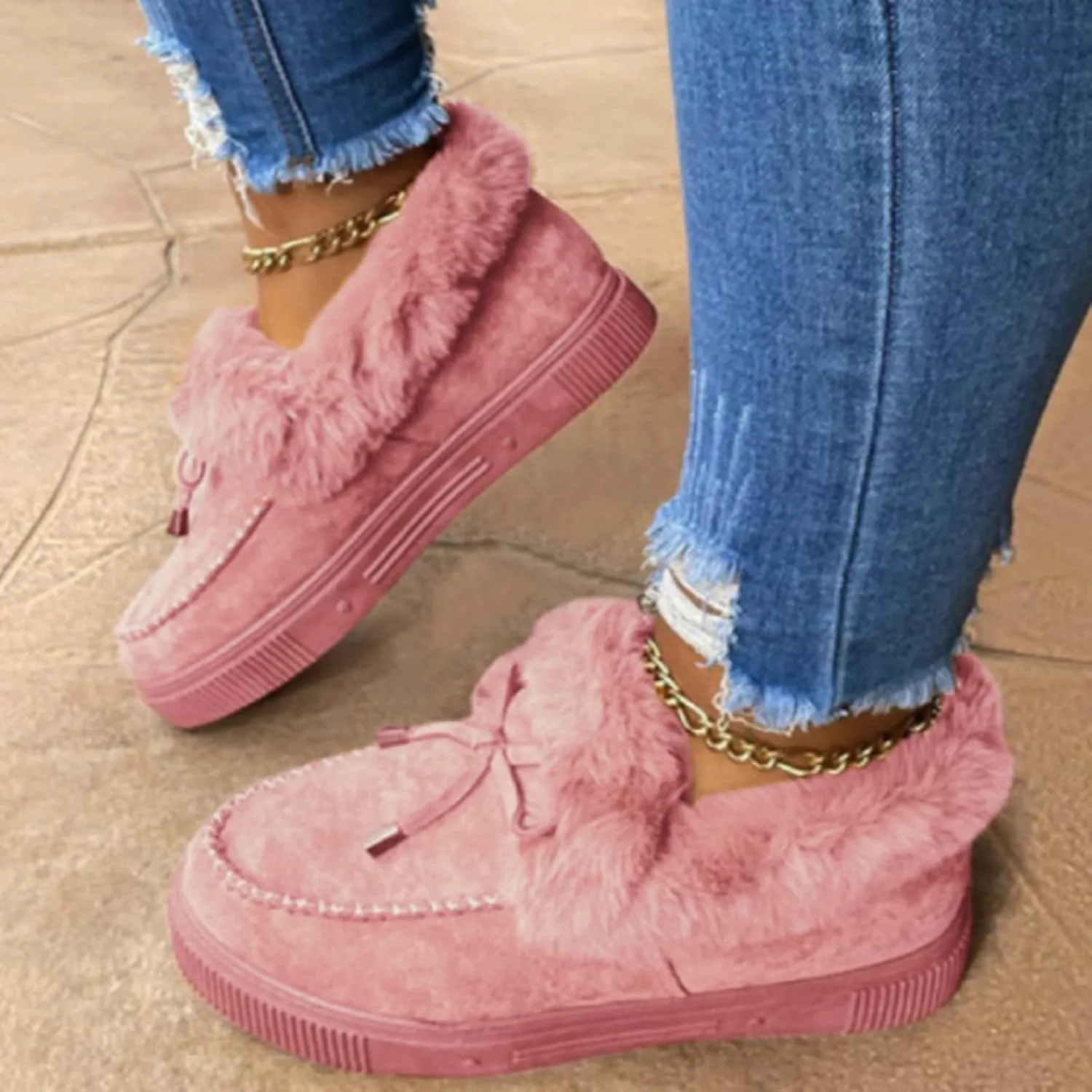 Bcshiye Women's Loafer Booties Faux Fur Collar Plush Bow Slip On Winter Outdoor Flatform Comfort Slip On Ankle Booties