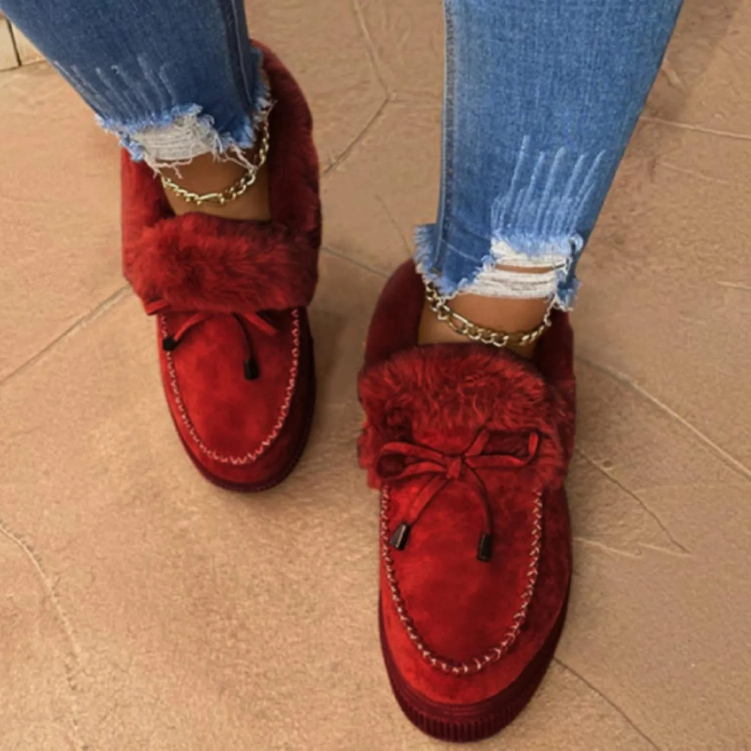 Bcshiye Women's Loafer Booties Faux Fur Collar Plush Bow Slip On Winter Outdoor Flatform Comfort Slip On Ankle Booties