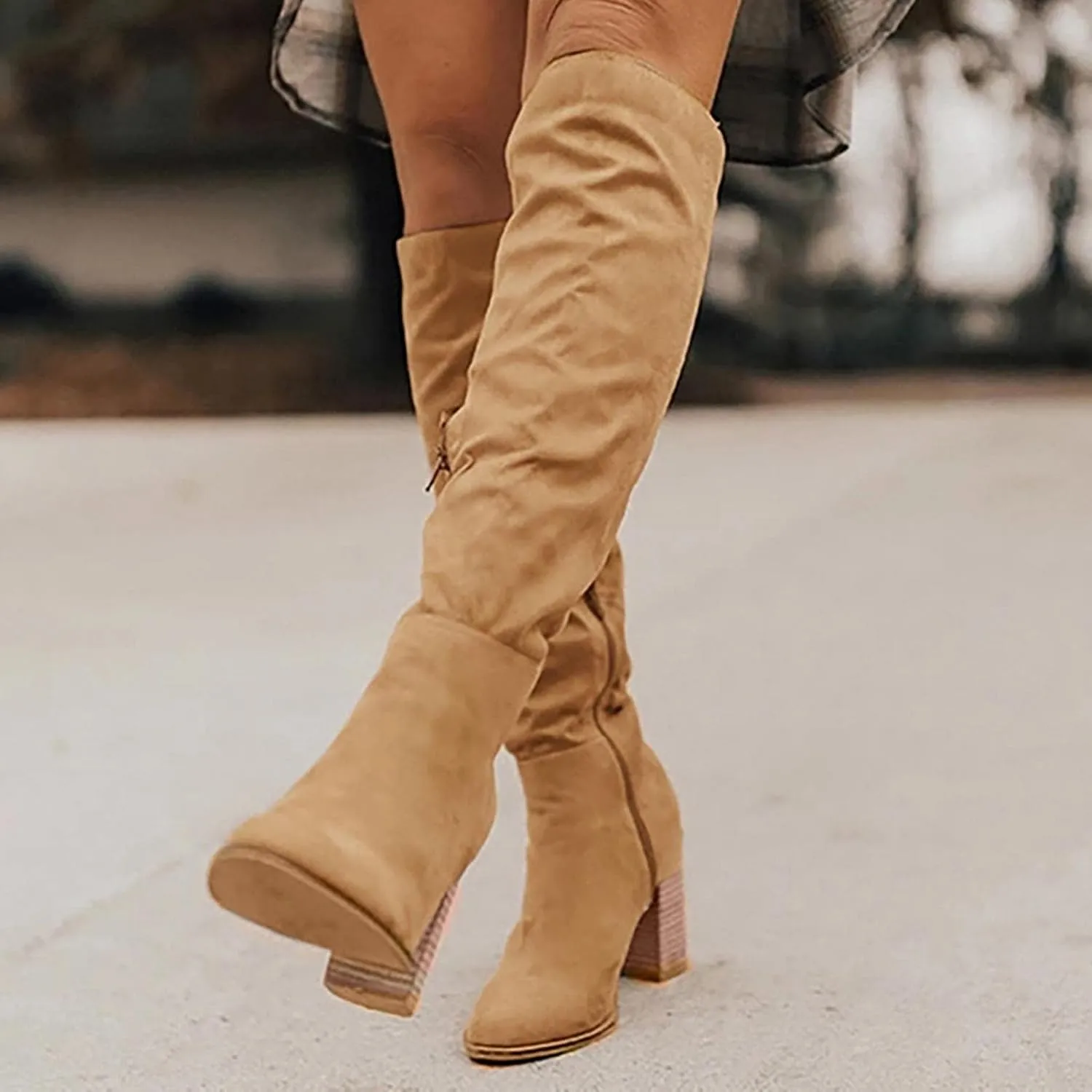 Bcshiye Women's Thigh High Block Heel Over The Knee Boots Wide Calf Chunky Heel Over Knee High Boots Winter Long Booties