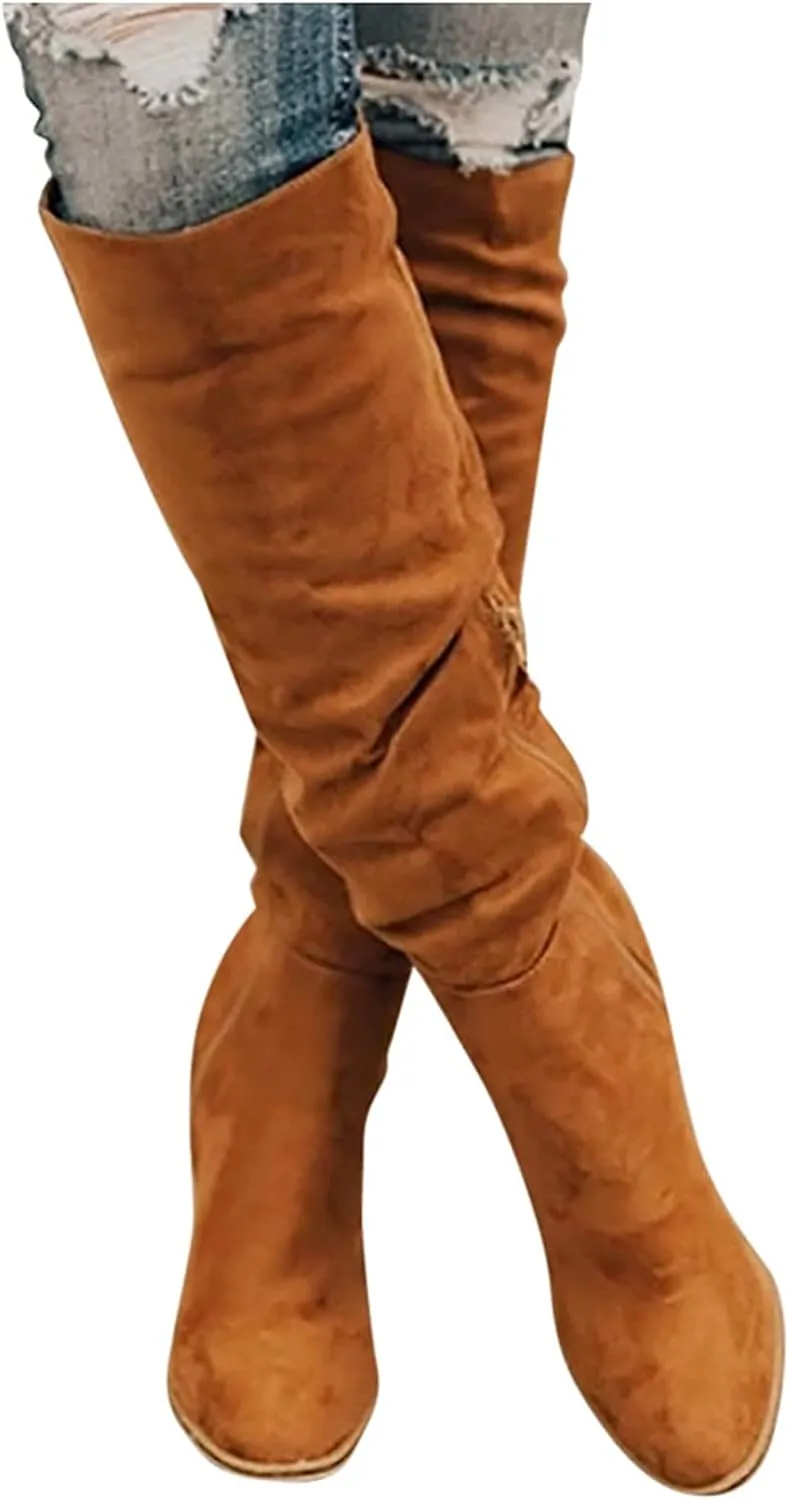 Bcshiye Women's Thigh High Block Heel Over The Knee Boots Wide Calf Chunky Heel Over Knee High Boots Winter Long Booties