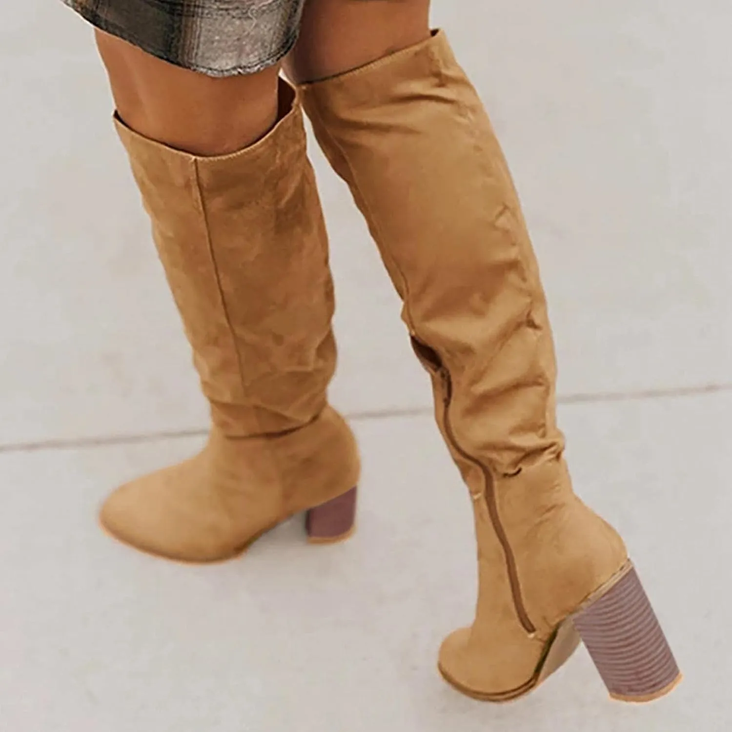 Bcshiye Women's Thigh High Block Heel Over The Knee Boots Wide Calf Chunky Heel Over Knee High Boots Winter Long Booties
