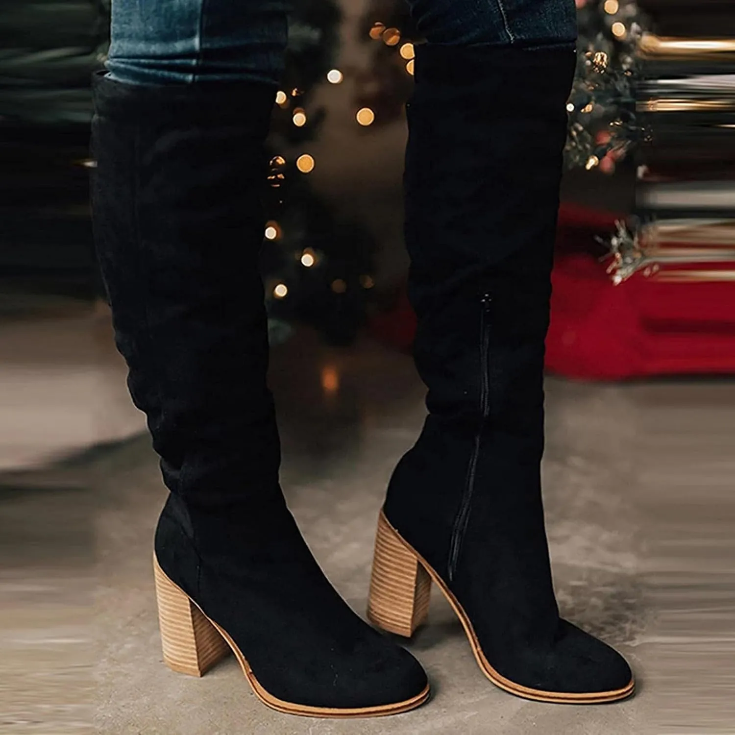Bcshiye Women's Thigh High Block Heel Over The Knee Boots Wide Calf Chunky Heel Over Knee High Boots Winter Long Booties