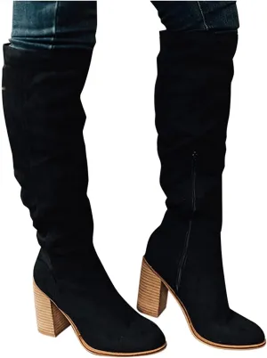 Bcshiye Women's Thigh High Block Heel Over The Knee Boots Wide Calf Chunky Heel Over Knee High Boots Winter Long Booties