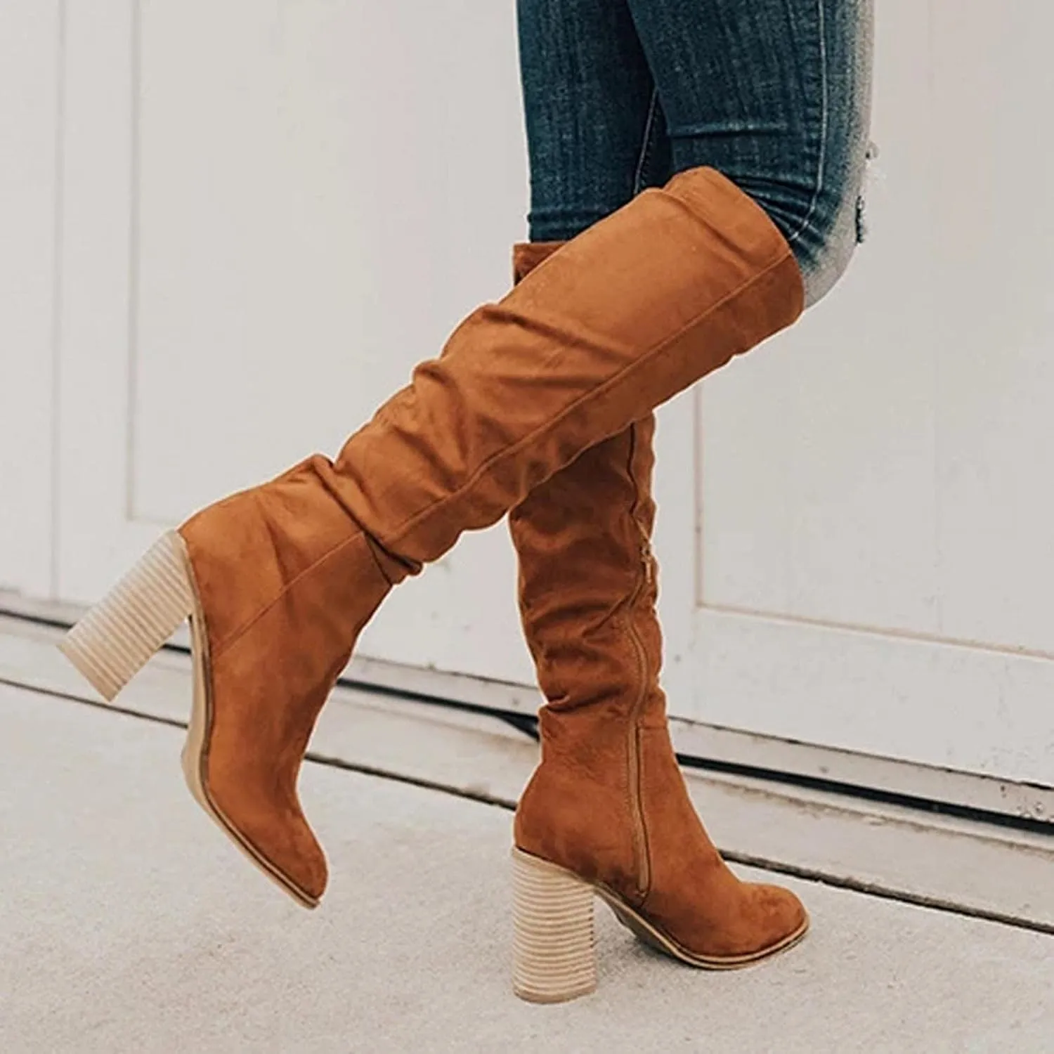 Bcshiye Women's Thigh High Block Heel Over The Knee Boots Wide Calf Chunky Heel Over Knee High Boots Winter Long Booties