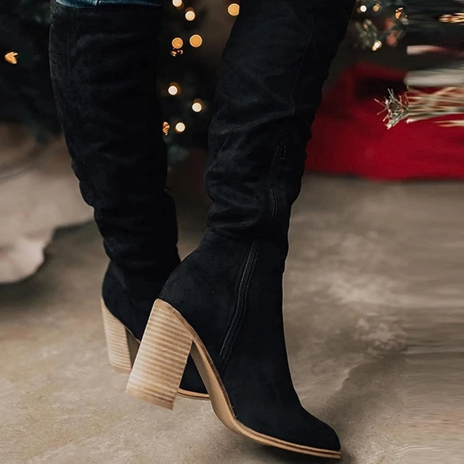 Bcshiye Women's Thigh High Block Heel Over The Knee Boots Wide Calf Chunky Heel Over Knee High Boots Winter Long Booties