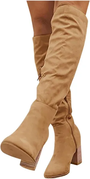 Bcshiye Women's Thigh High Block Heel Over The Knee Boots Wide Calf Chunky Heel Over Knee High Boots Winter Long Booties