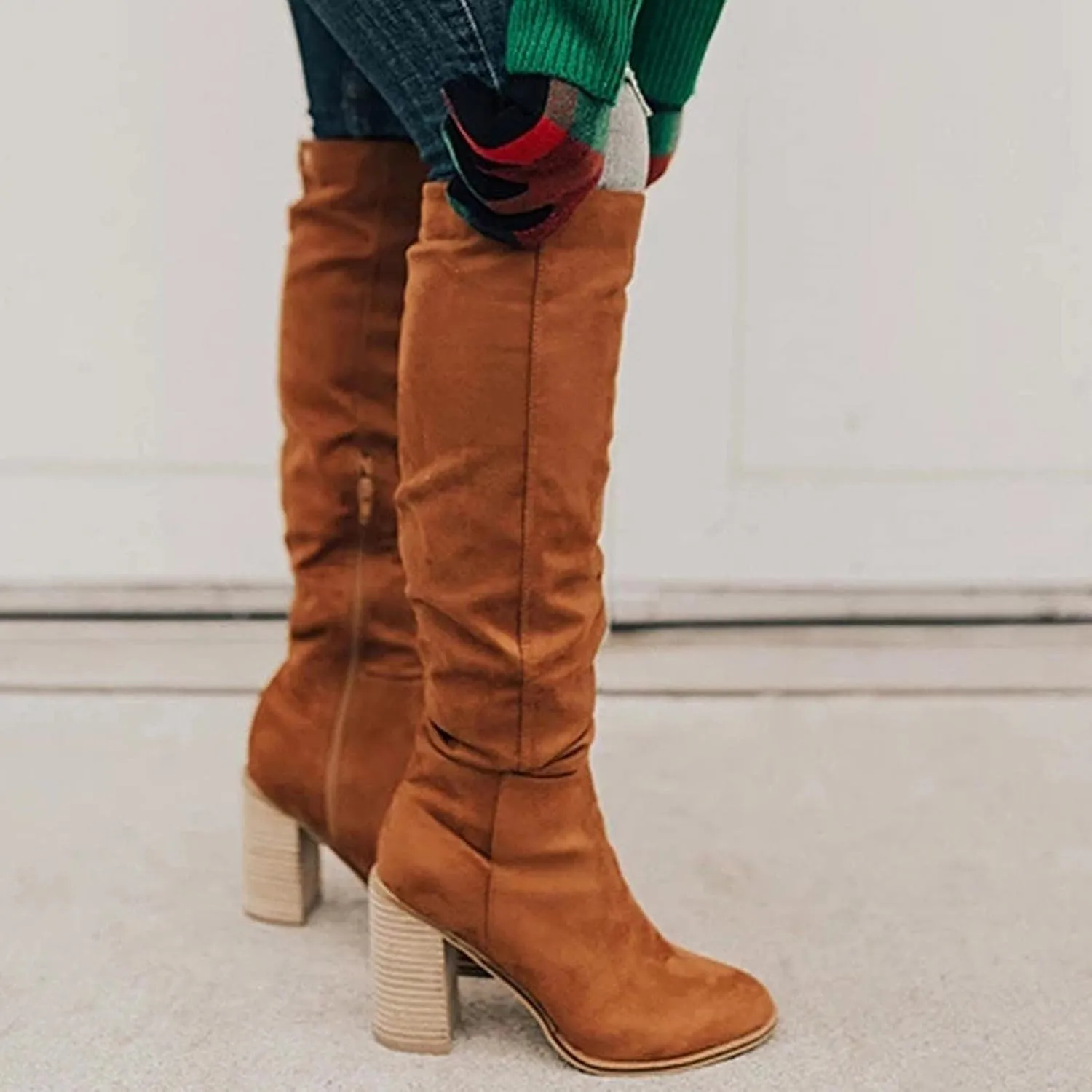 Bcshiye Women's Thigh High Block Heel Over The Knee Boots Wide Calf Chunky Heel Over Knee High Boots Winter Long Booties
