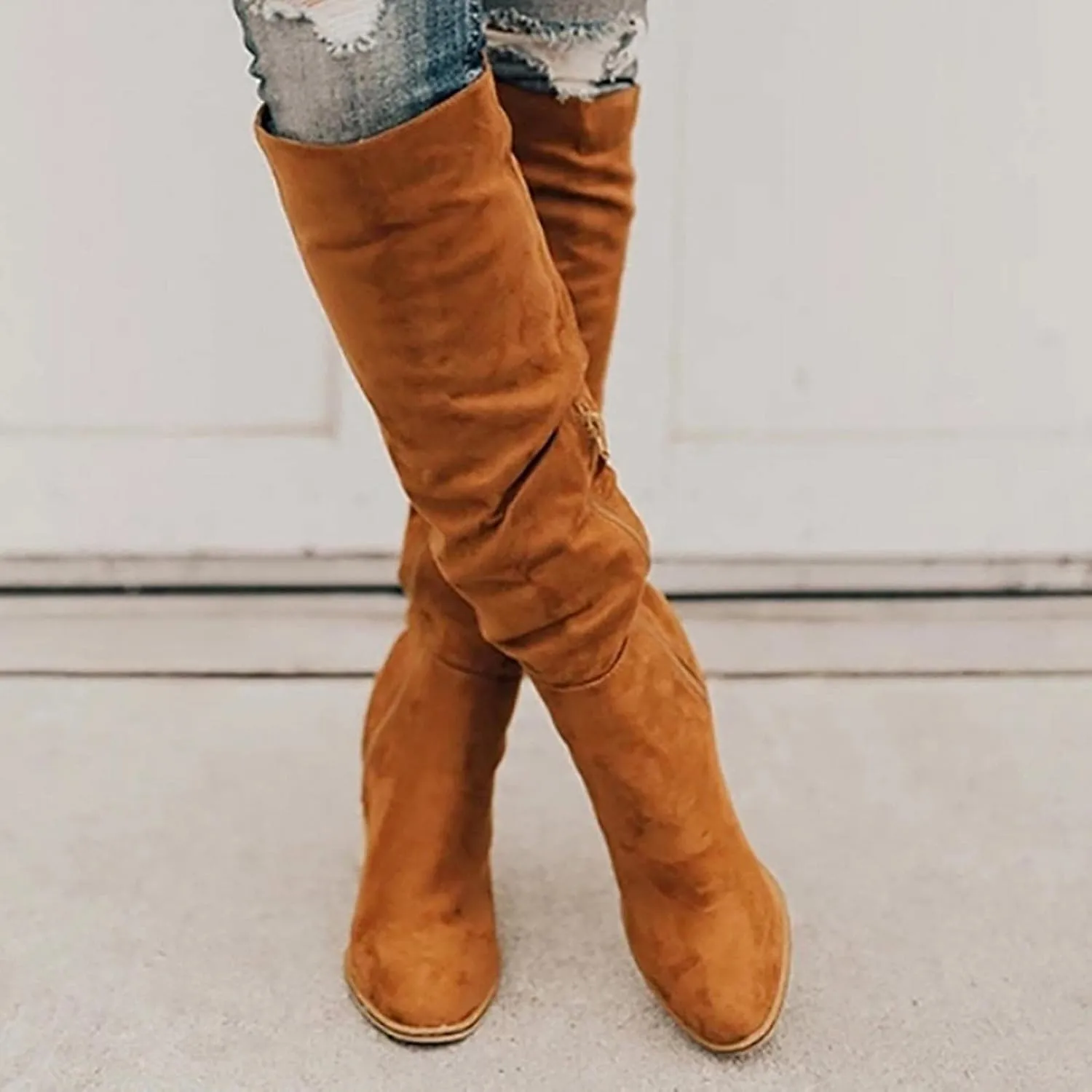 Bcshiye Women's Thigh High Block Heel Over The Knee Boots Wide Calf Chunky Heel Over Knee High Boots Winter Long Booties