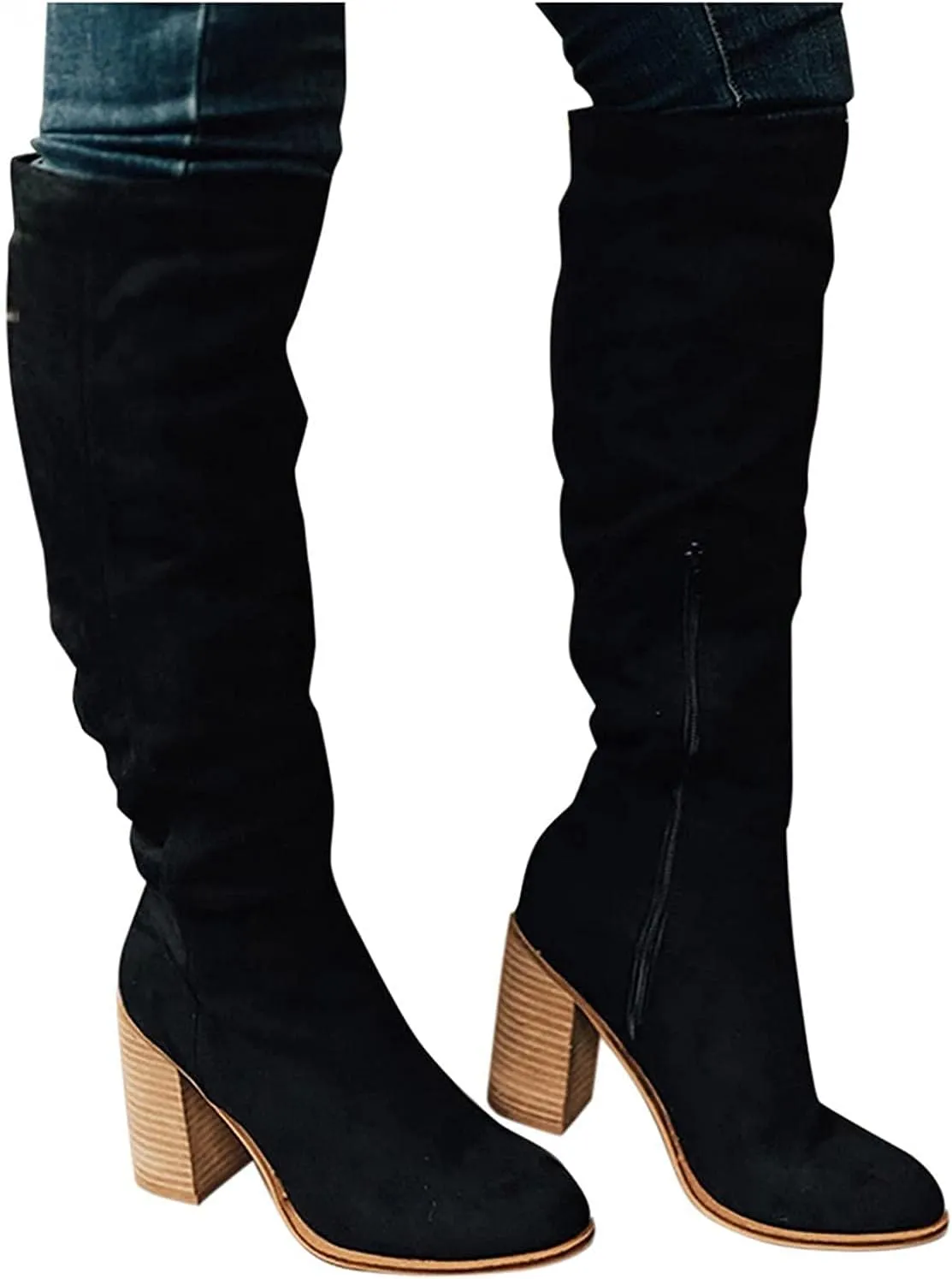 Bcshiye Women's Thigh High Block Heel Over The Knee Boots Wide Calf Chunky Heel Over Knee High Boots Winter Long Booties