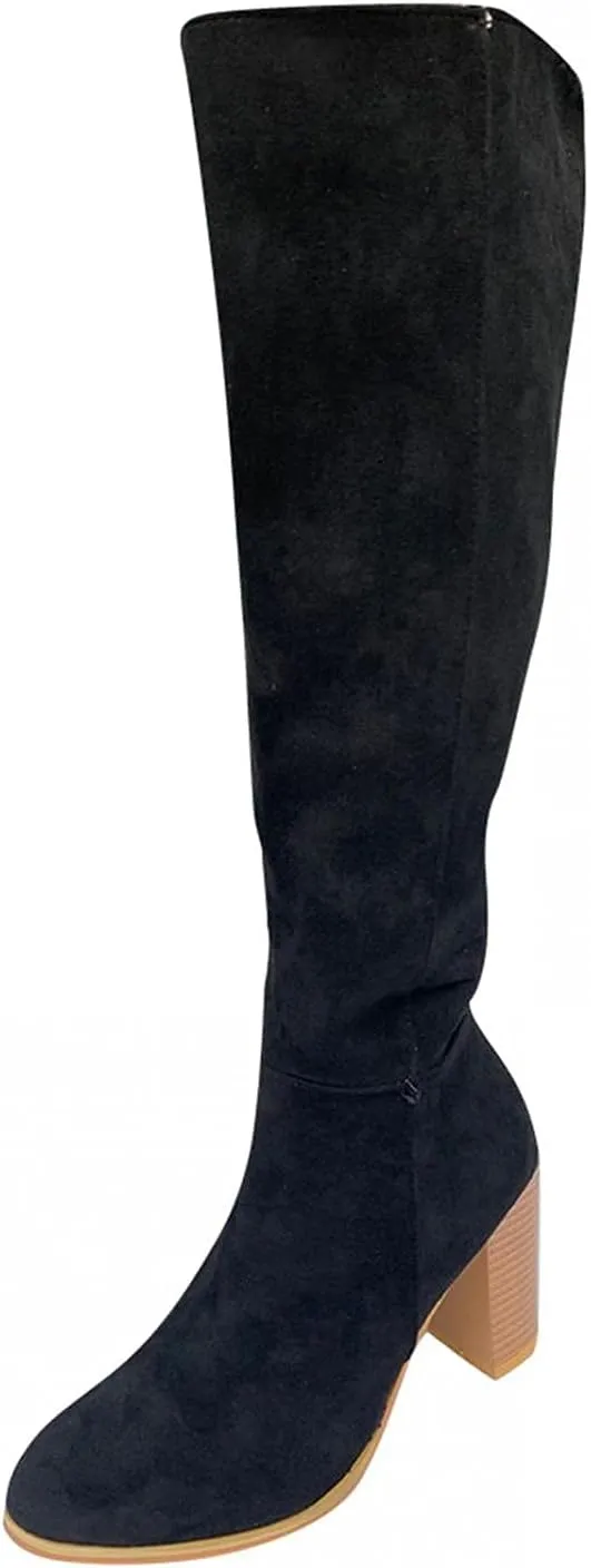 Bcshiye Women's Thigh High Block Heel Over The Knee Boots Wide Calf Chunky Heel Over Knee High Boots Winter Long Booties