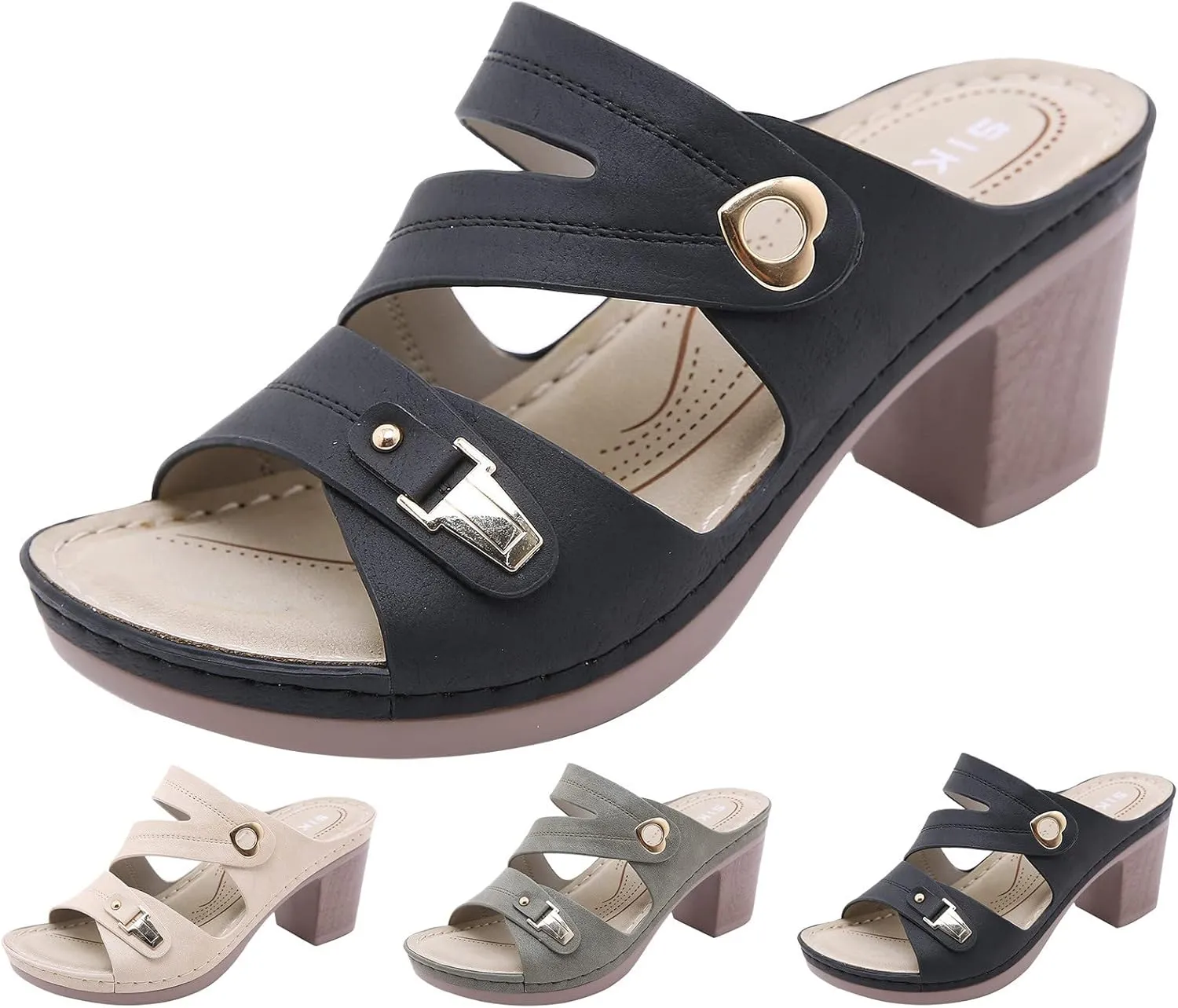 Block Heel Sandals for Women,Comfortable Open Toe Low Chunky Heels Dress Sandal Womens Heeled Slip On Mid Ankle Strap Dressy Summer Casual Slippers Backless Mules Slide Walking Shoes for Daily Wear