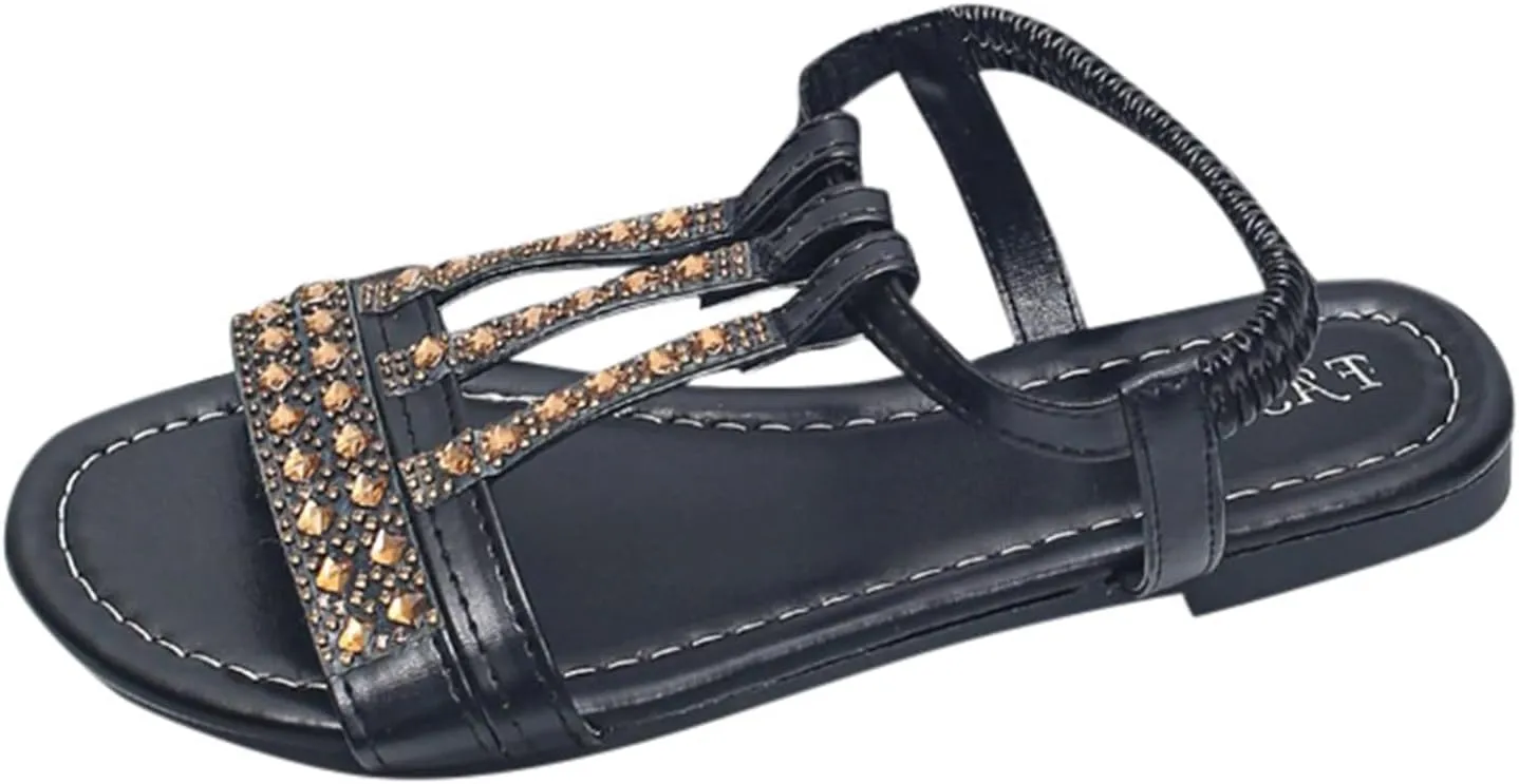 Bohemian Style Women's Rhinestone Slides Flat Sandals For Summer Beach Fashion Sandals for Women with Medicaid