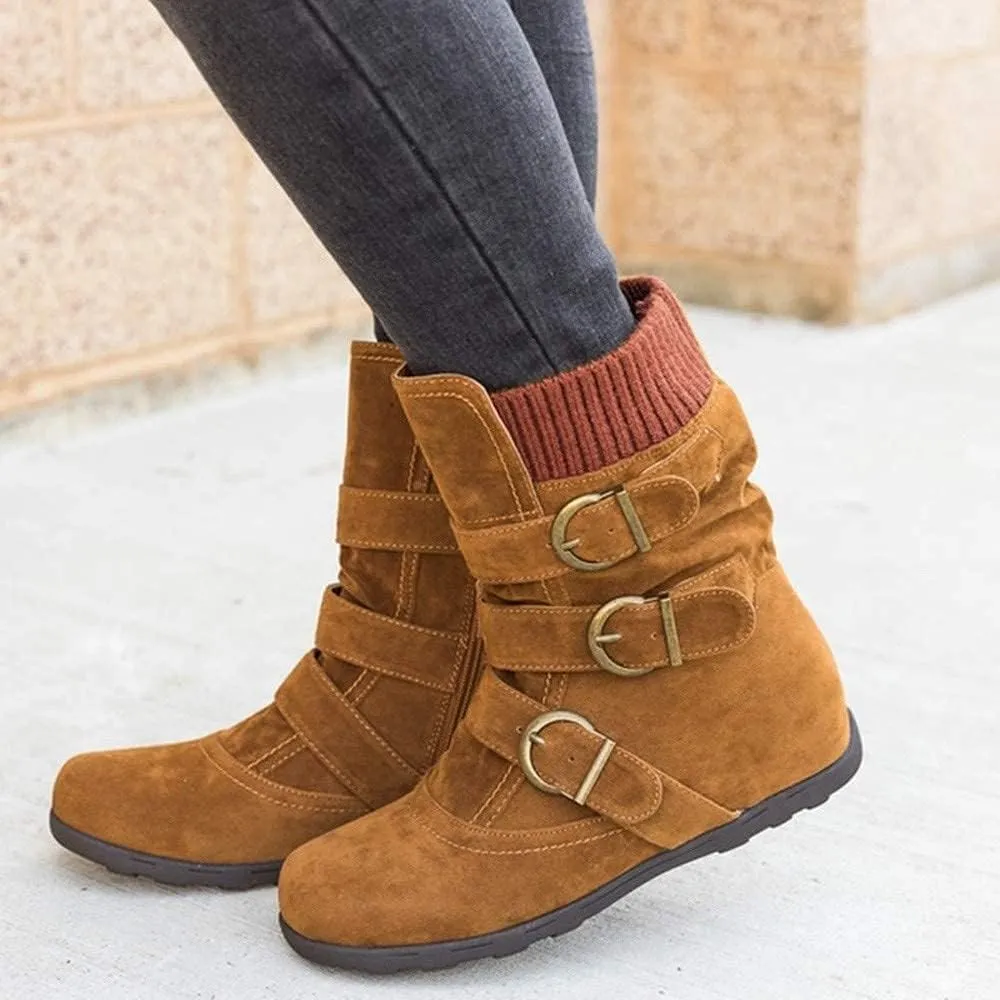BORAMAX Womens Low Heel Slouch Suede Slip On Casual Ankle Boots with Ring Buckle and Side Zipper Buckle Winter Booties