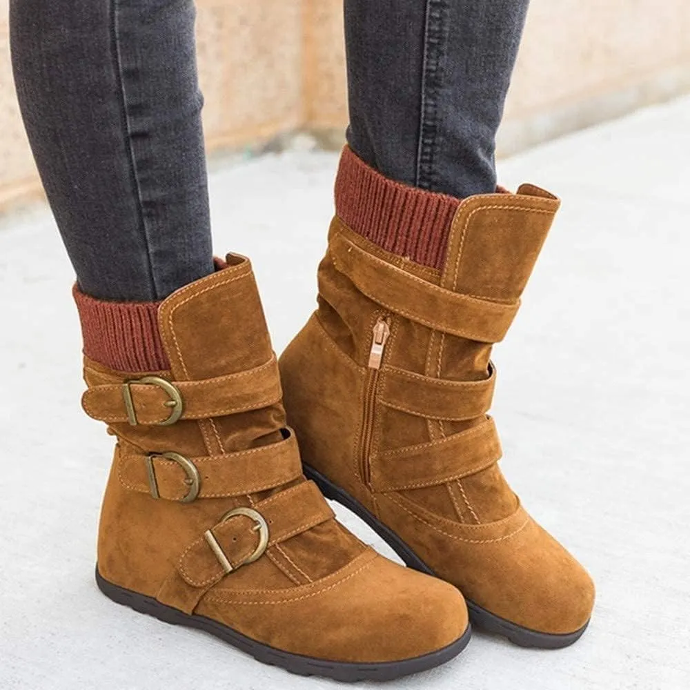 BORAMAX Womens Low Heel Slouch Suede Slip On Casual Ankle Boots with Ring Buckle and Side Zipper Buckle Winter Booties