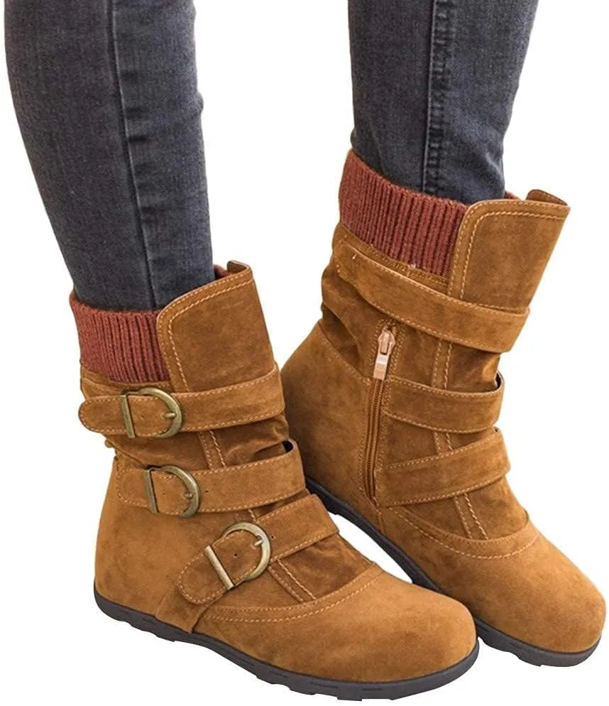 BORAMAX Womens Low Heel Slouch Suede Slip On Casual Ankle Boots with Ring Buckle and Side Zipper Buckle Winter Booties