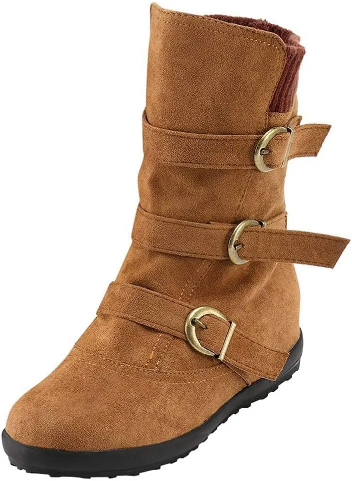 BORAMAX Womens Low Heel Slouch Suede Slip On Casual Ankle Boots with Ring Buckle and Side Zipper Buckle Winter Booties
