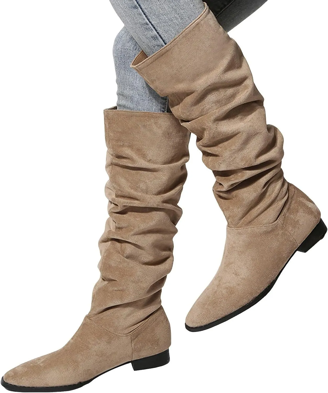 Cathalem Women's Knee High Boots Flat Low Heel Slouch Pointed Toe Winter Shoes with Side Zipper Tall Boots for Women