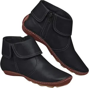 Combat Boots Black Leather,Women Vintage Retro Short Western Ankle Boots Ladies Casual Dressy Elegant Flat Booties Comfortable Wide Width Fashion Classic Boot Pull-On