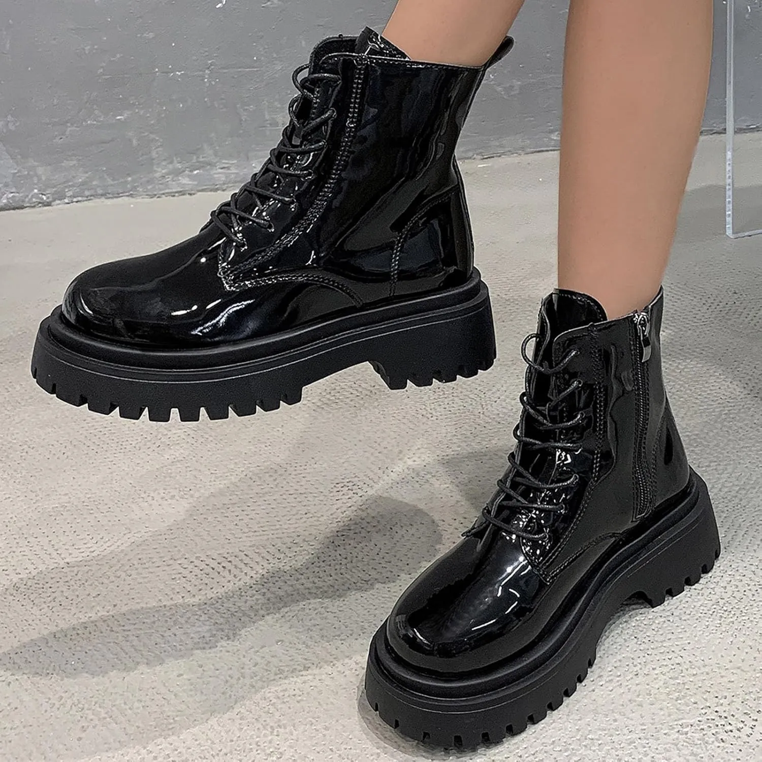 Combat Boots for Women Fashion Casual Patent Leather Non Slip Round Toe Platform Chunky Block Heels Ankle Booties with Side Zipper Lace Up Motorcycle Riding Short Boots for Winter Fall