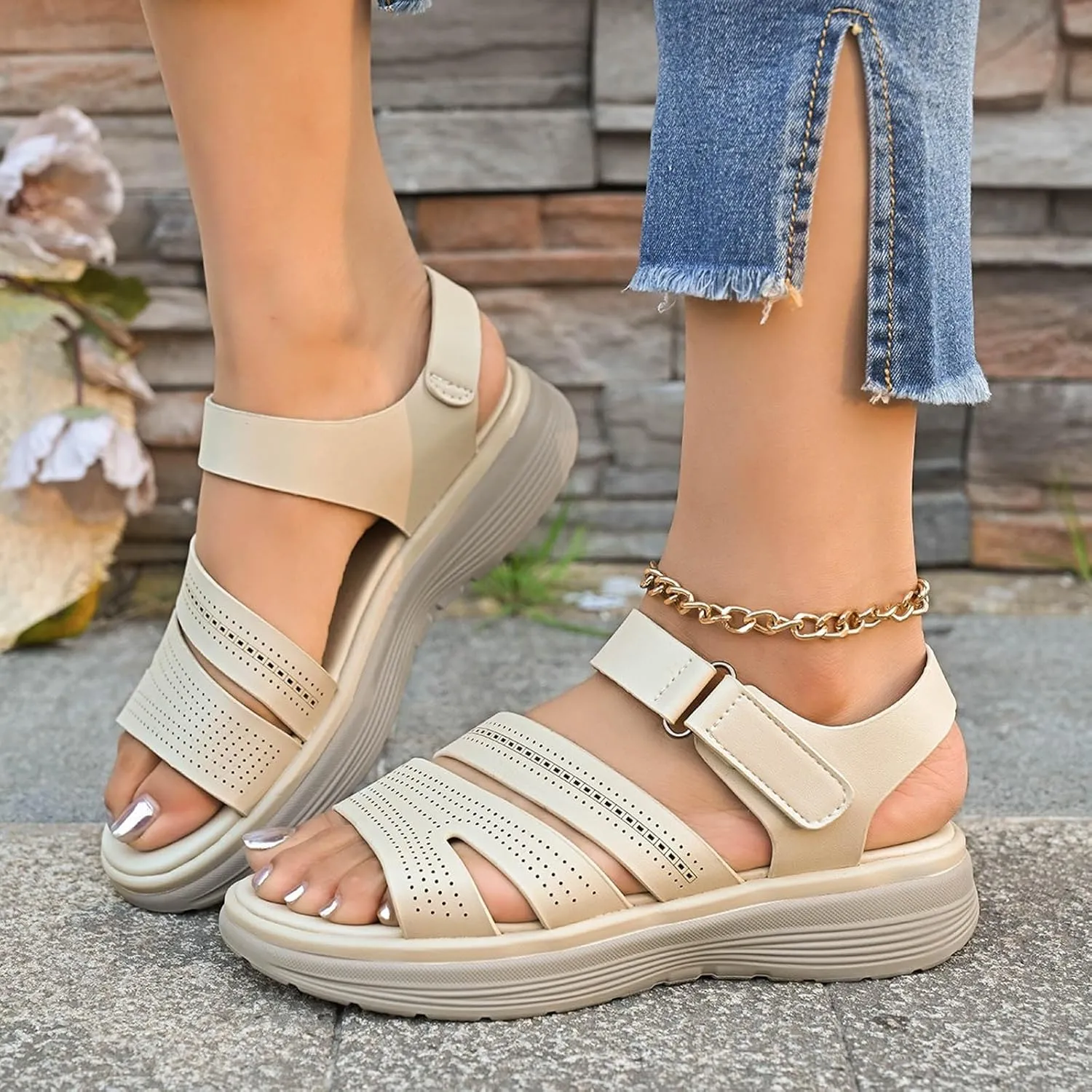 Comfortable Women's Sandals Daily And Casual Wear With Stylish Design Tape Closure And Thick Sole Wedge with Strap