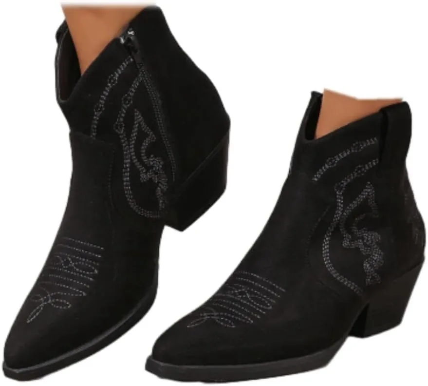 Cowboy Boots for Women Cowgirl Ankle Western Embroidered Stitched Pointed Toe Cutout Chunky Heels Short Booties