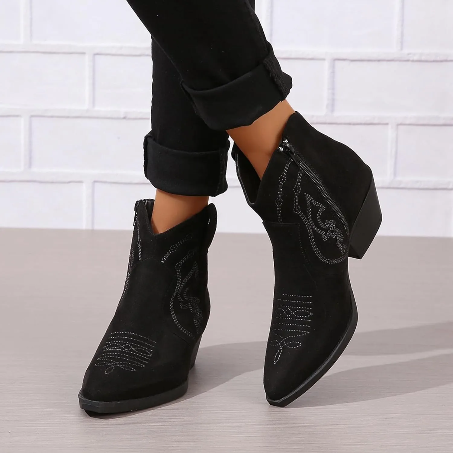 Cowboy Boots for Women Cowgirl Ankle Western Embroidered Stitched Pointed Toe Cutout Chunky Heels Short Booties