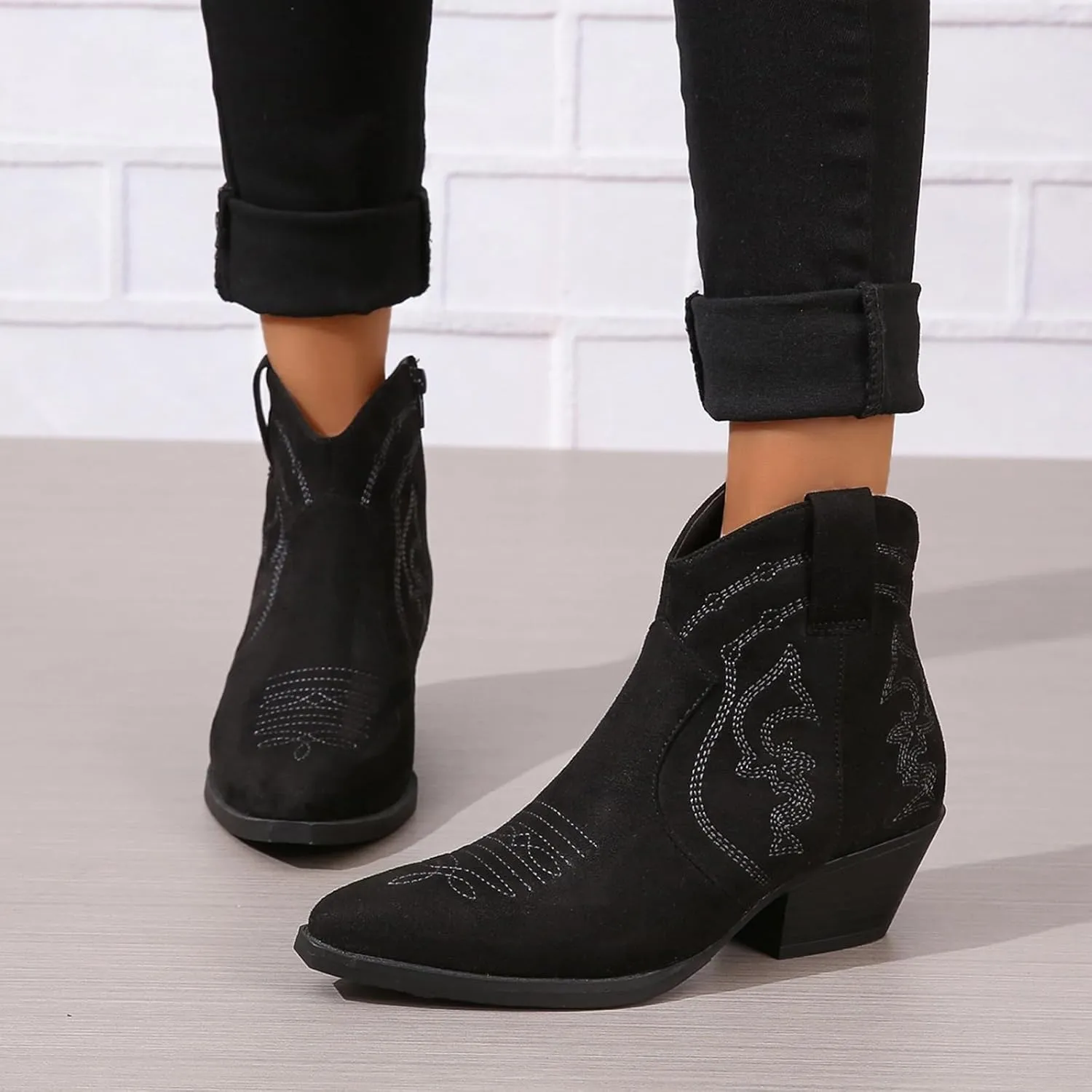 Cowboy Boots for Women Cowgirl Ankle Western Embroidered Stitched Pointed Toe Cutout Chunky Heels Short Booties