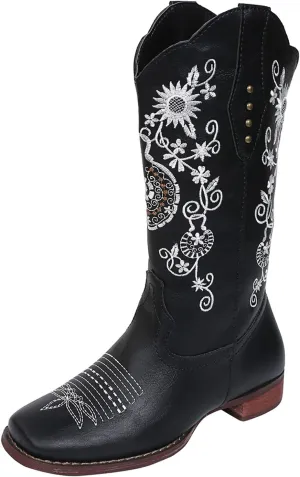 Cowboy Boots For Women Mid Calf Cowgirl Western Boots Embroidery Low Heel Knee High Chunky Heel Fashion Classic Boot Pull-On